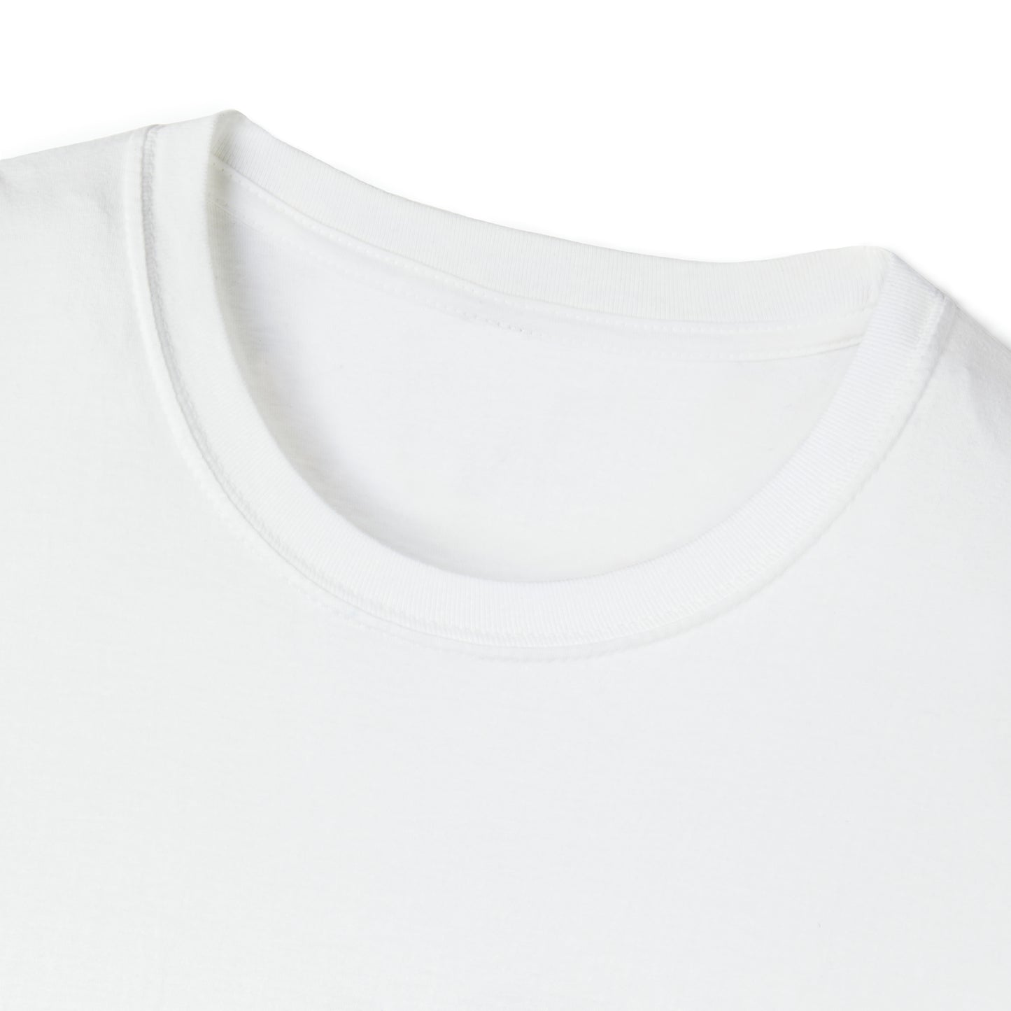 Close-up of a white Unisex Softstyle T-Shirt neckline showcasing soft fabric and comfortable stitching, designed for fans of Japanese car culture and late-night drives.