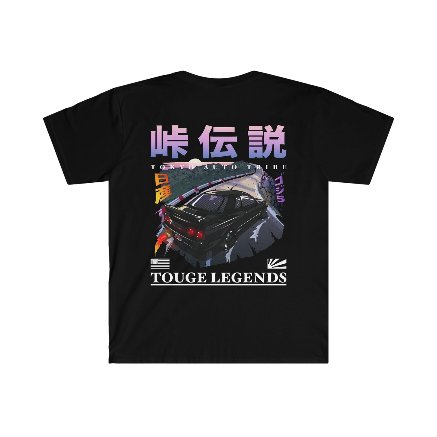 Black graphic tee featuring a rear view of a black Nissan drifting on a mountain touge road with Japanese characters and the text Touge Legends Black on Black, capturing vintage JDM streetwear spirit.