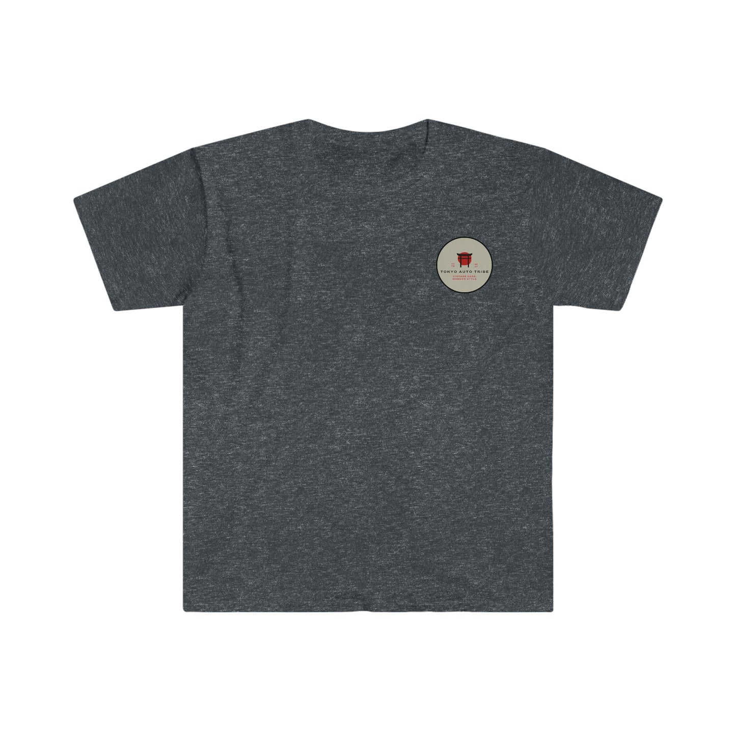 Charcoal gray Lucky Cat Racer's T-Shirt featuring a small circular graphic with a red lucky cat and Japanese car culture elements, designed for car enthusiasts.