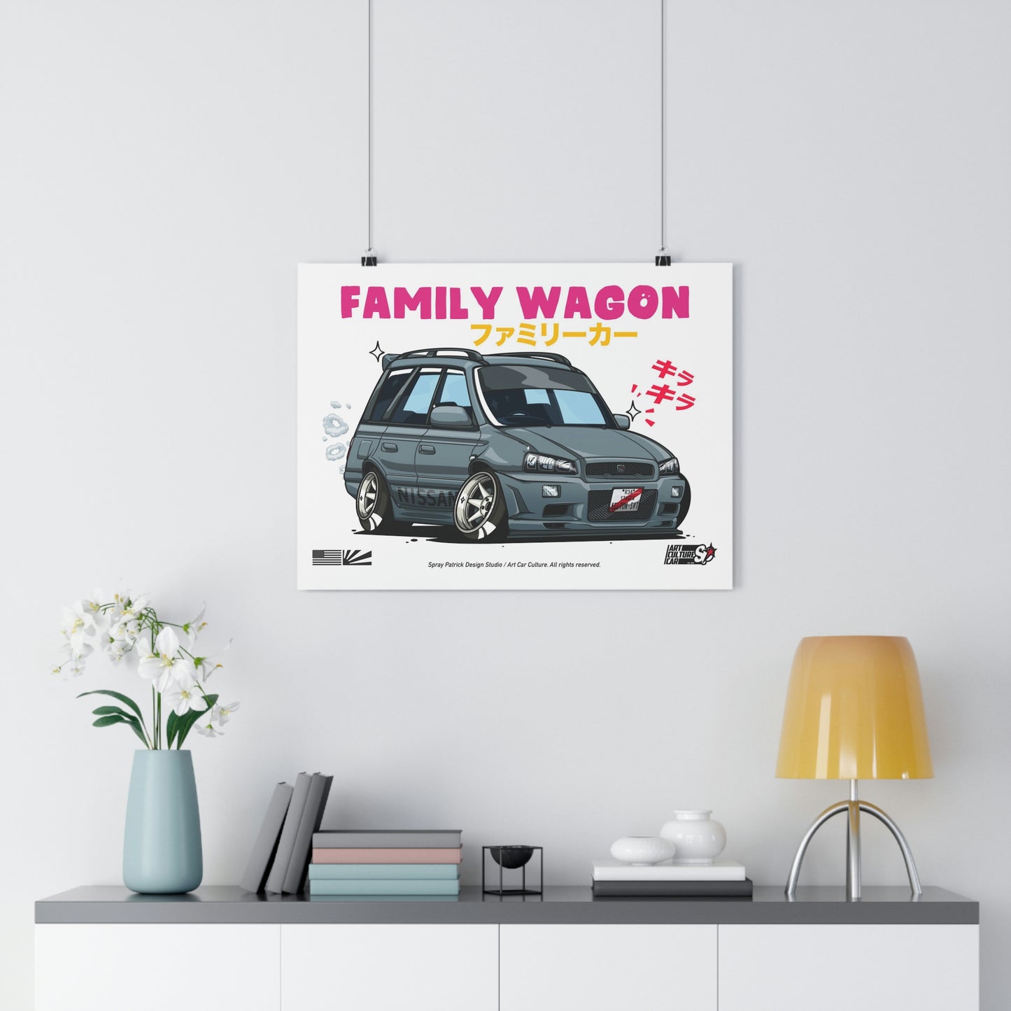 Wagon Wonder Poster featuring a stylized, lowered family wagon car with Japanese text and vibrant automotive graphics, celebrating Japanese car culture and late-night drives.