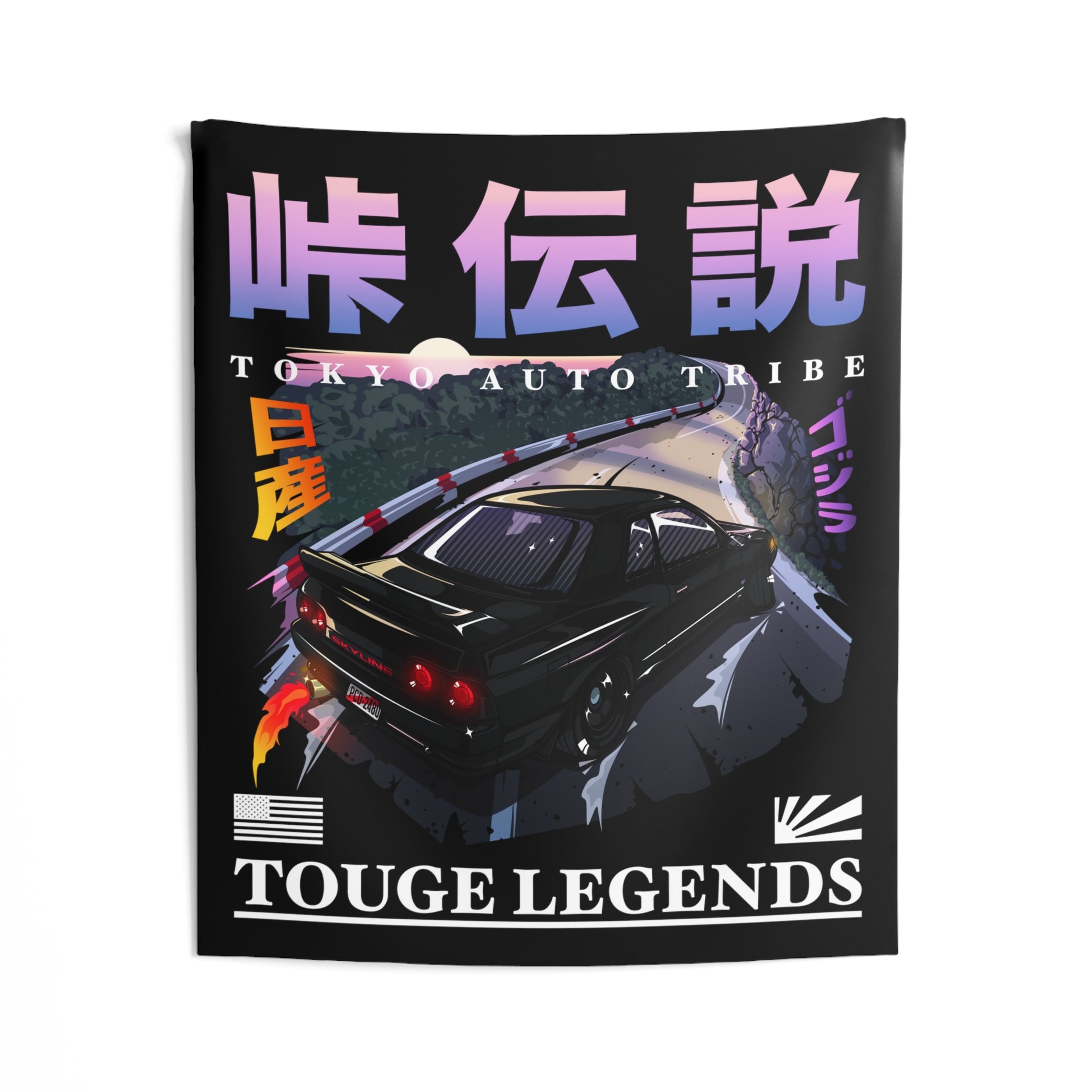 Touge Legends" Tapestry featuring a stylized black sports car drifting on a mountain pass at night, with Japanese text and vibrant gradient colors, capturing the spirit of Japanese tuner culture and late-night drives.