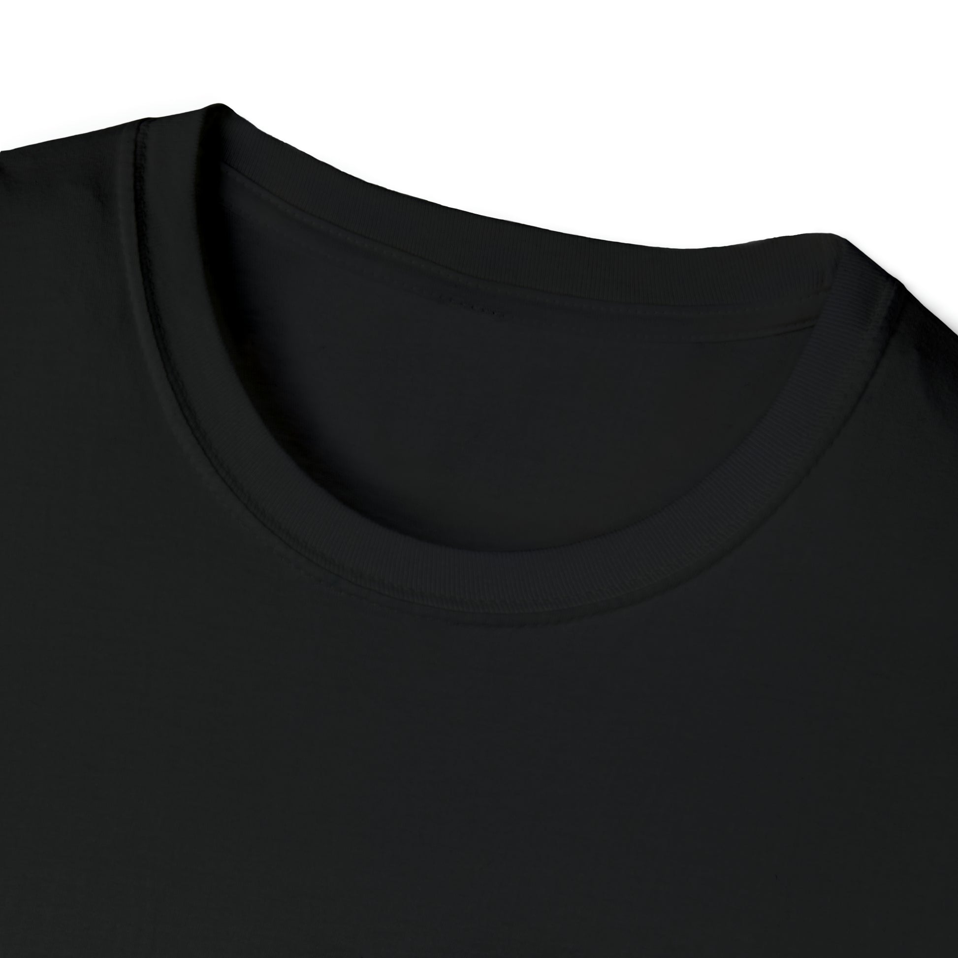Close-up of a black Unisex Softstyle T-Shirt collar with a smooth, soft fabric texture, reflecting the comfort and quality designed for fans of Japanese car culture and late-night drives.