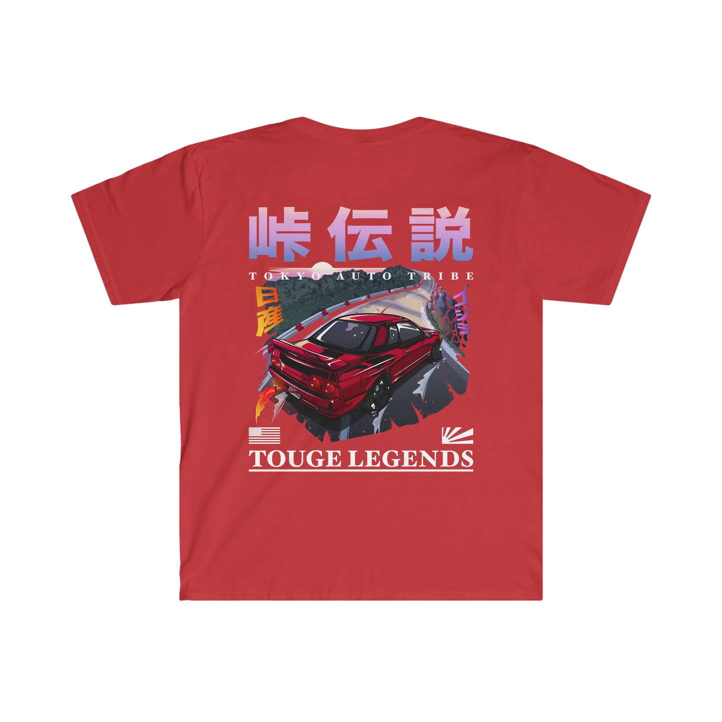 Red graphic tee featuring a drifting car illustration with Japanese text and "Touge Legends (more colors)" branding embodying late-night Japanese car culture and tuner lifestyle.