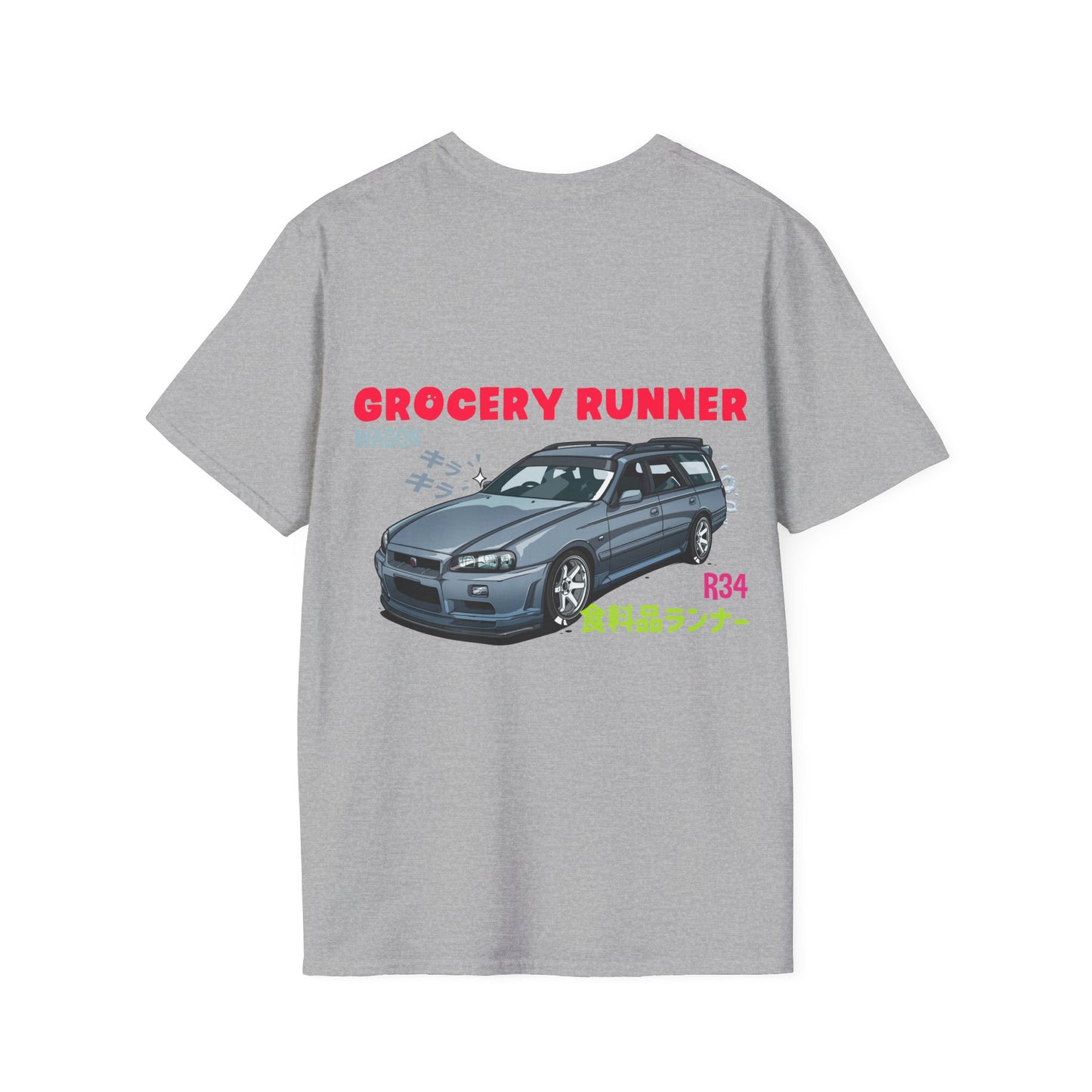 Gray Grocery Runner T-Shirt featuring a detailed illustration of a sleek blue-gray R34 car with bold red "GROCERY RUNNER" text, perfect for fans of Japanese car culture and drift scenes.