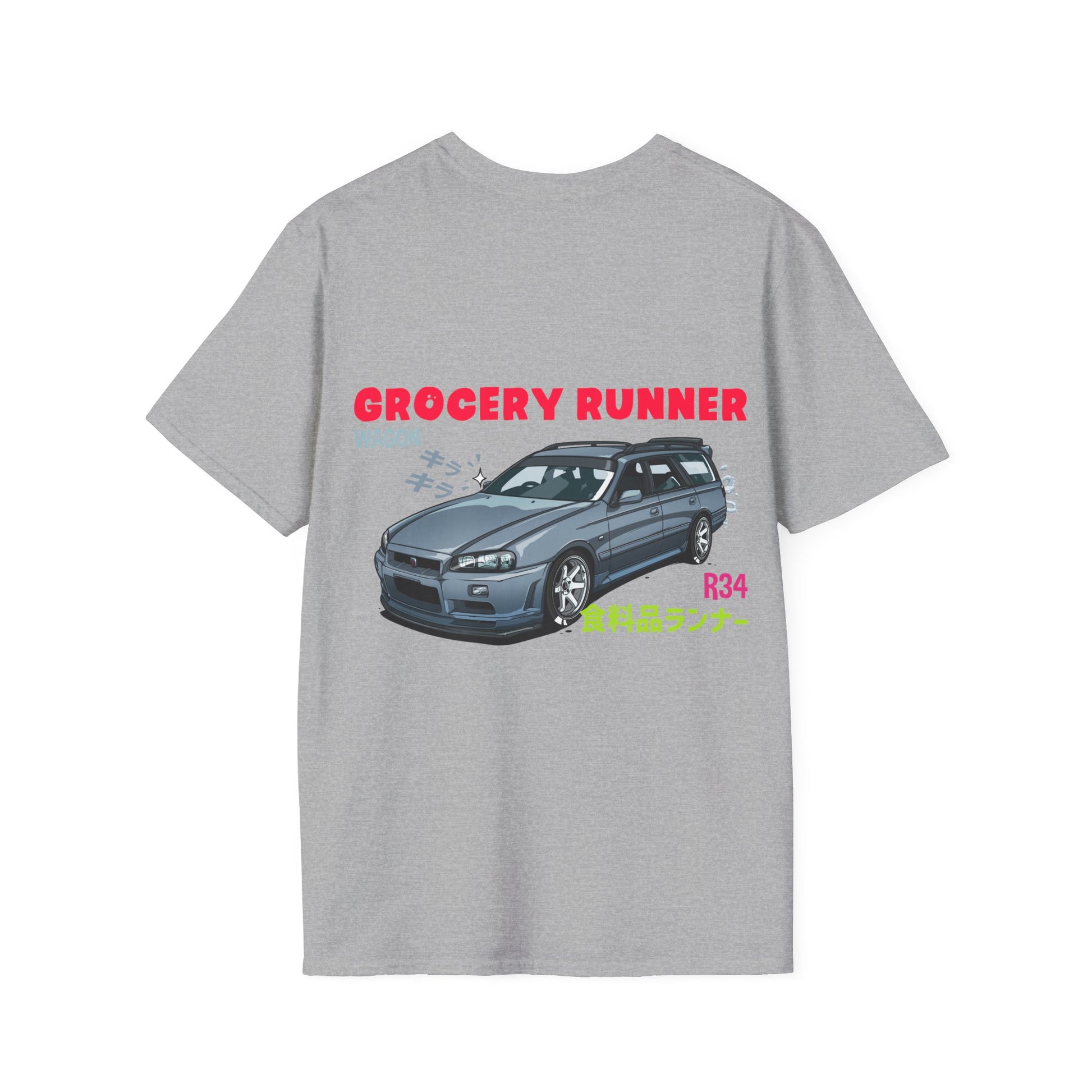 Gray Grocery Runner T-Shirt featuring a detailed illustration of a sleek blue-gray R34 car with bold red "GROCERY RUNNER" text, perfect for fans of Japanese car culture and drift scenes.