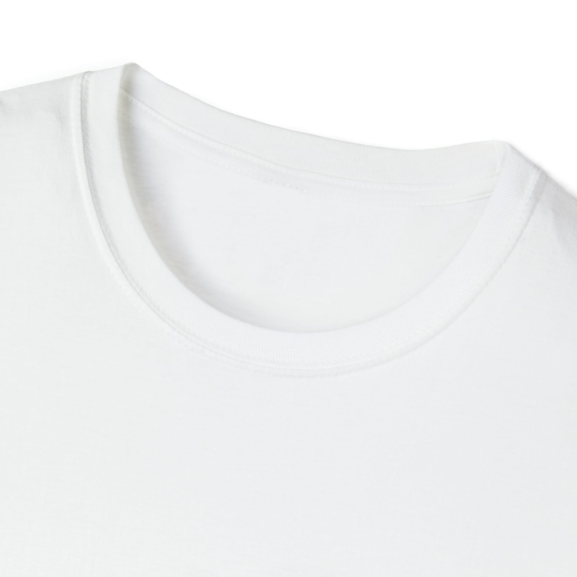 Close-up of a white Unisex Softstyle T-Shirt neckline showcasing soft fabric and comfortable stitching, designed for fans of Japanese car culture and late-night drives.