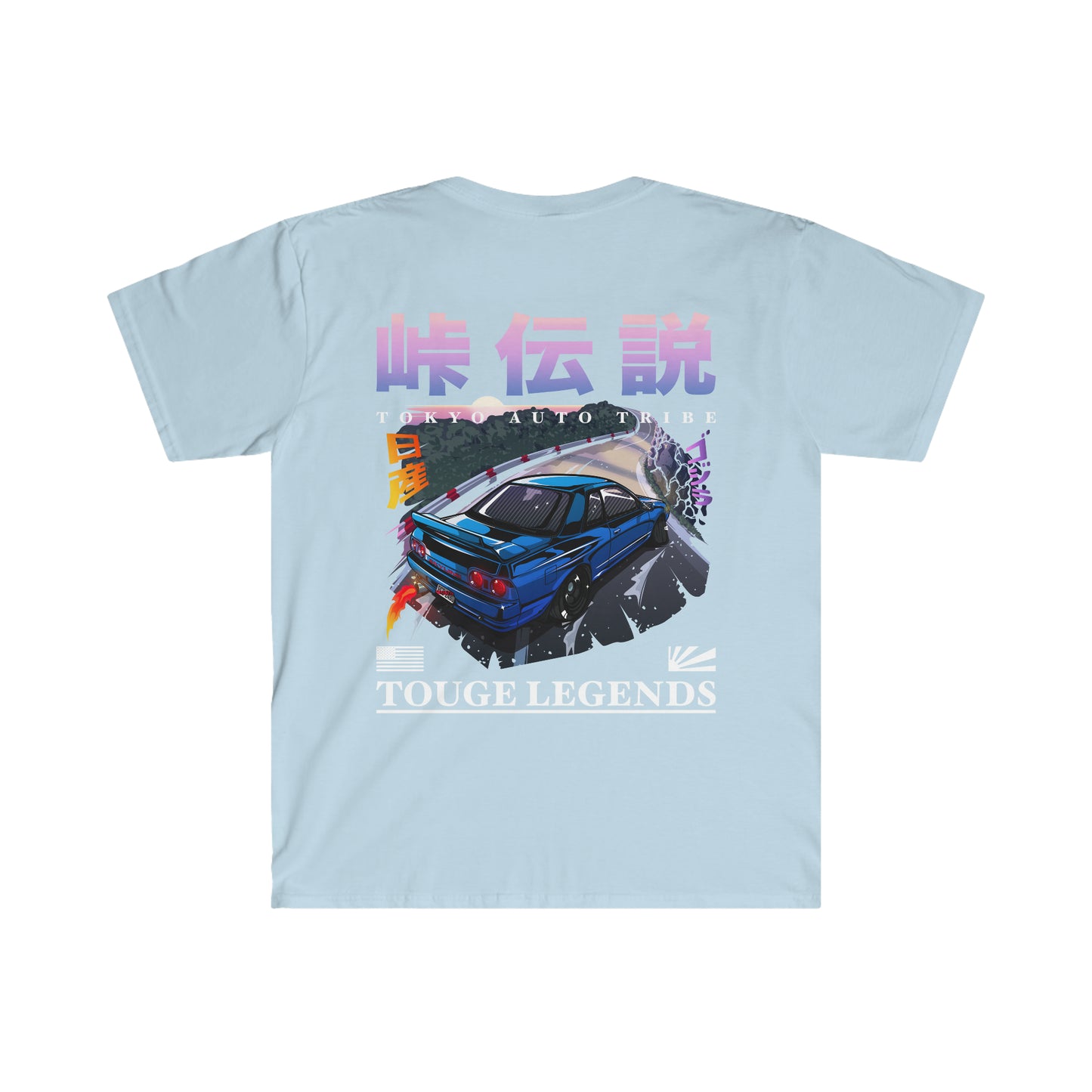 Light blue Touge Legends (more colors) graphic tee featuring a vibrant illustration of a blue drift car racing on a winding mountain road with Japanese characters and vintage racing design.