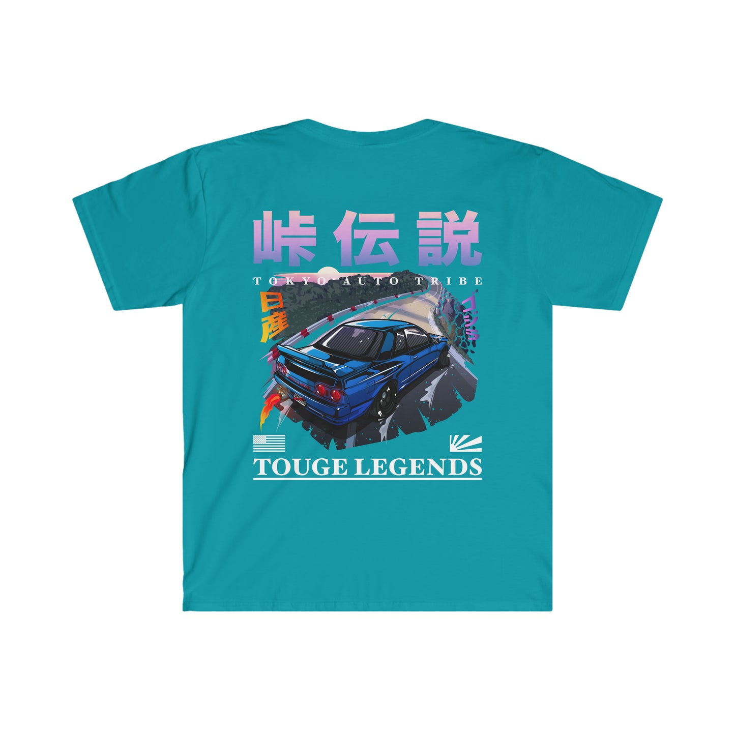 Turquoise Touge Legends (more colors) t-shirt featuring a vibrant graphic of a blue drifting sports car on a mountain pass, with Japanese text and retro racing elements celebrating Japanese car culture.