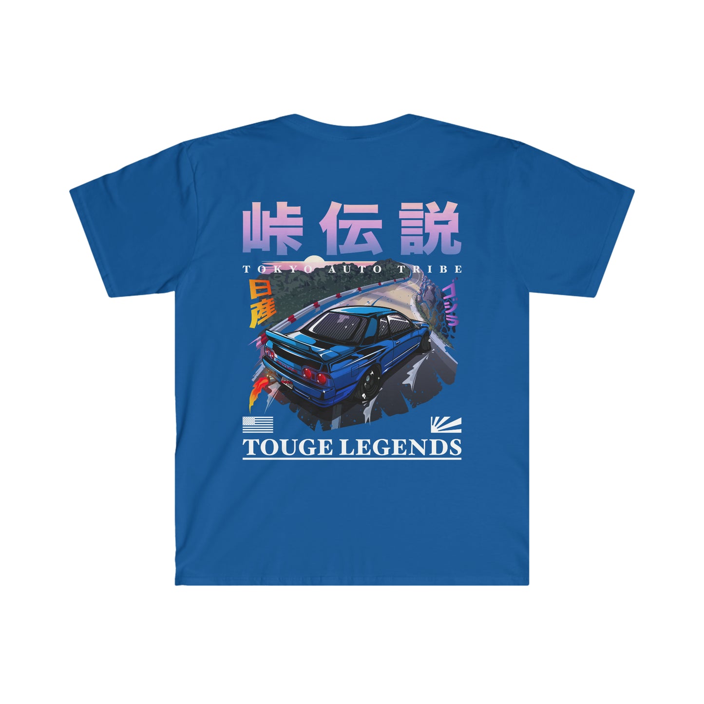 Touge Legends (more colors) features a vibrant blue graphic tee with a detailed illustration of a classic Japanese sports car drifting on a mountain road, embodying the spirit of late-night touge drives and Japanese tuner culture.