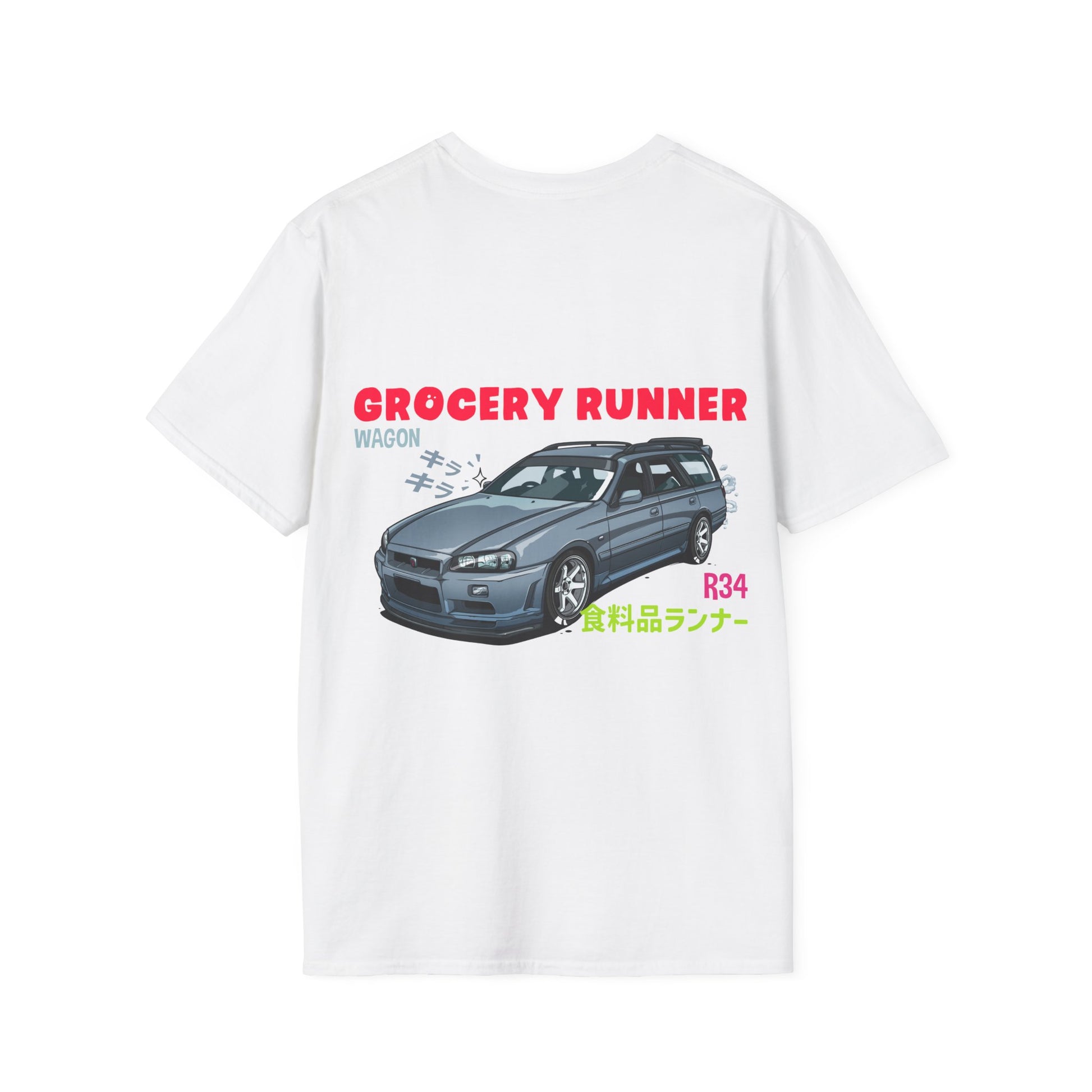 White Grocery Runner T-Shirt with a detailed graphic of a dark gray Nissan R34 wagon, bold red "GROCERY RUNNER" text, and Japanese characters capturing JDM car culture and late-night drives.