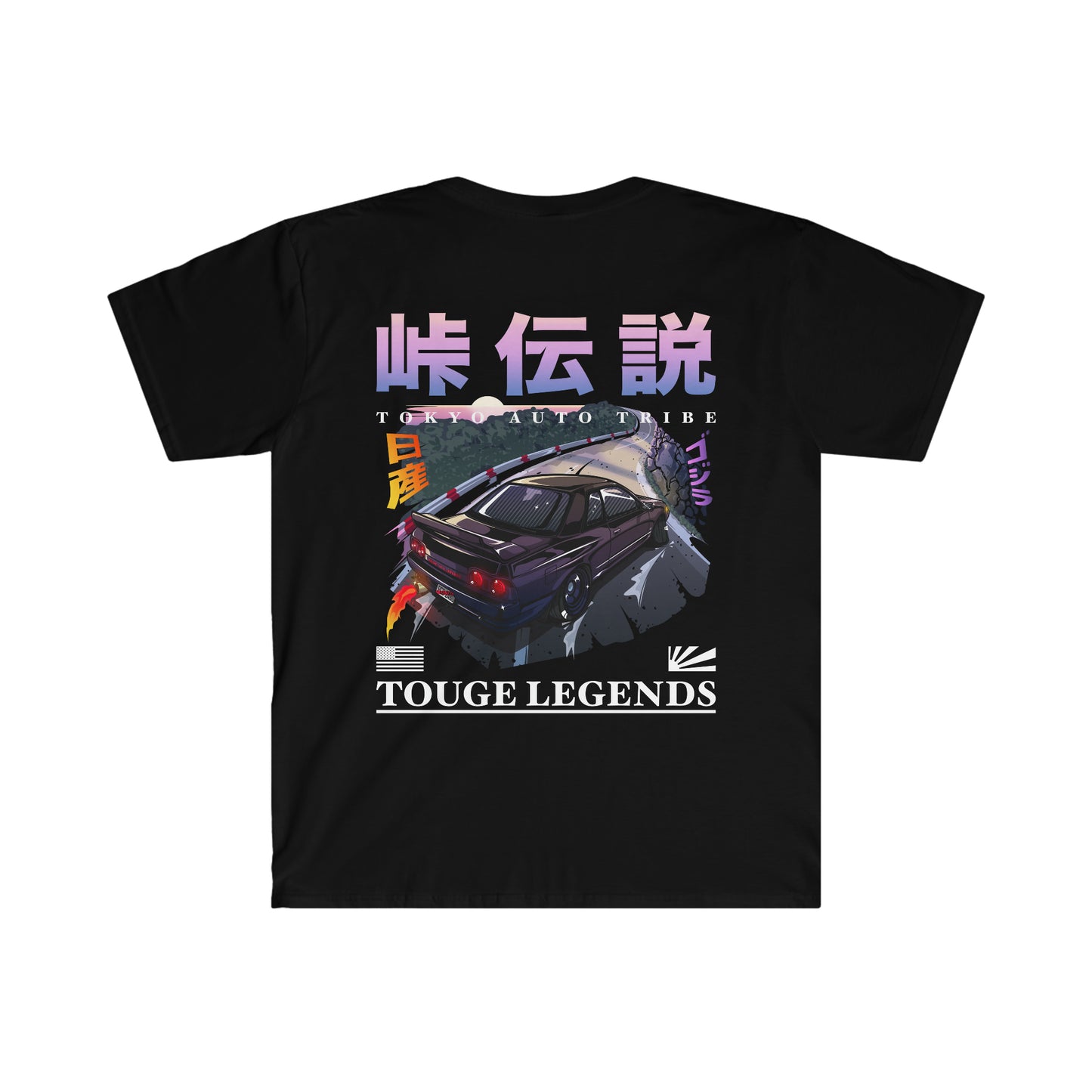 Black graphic tee featuring a dynamic illustration of a drifting car on mountain roads with Japanese text and the phrase Touge Legends (more colors), reflecting late-night drives and JDM streetwear culture.