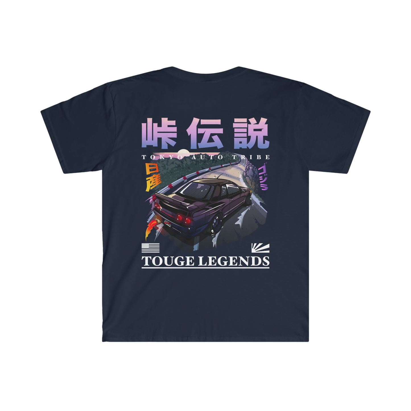 Black graphic tee featuring a drifting car illustration on a mountain road with Japanese text and "Touge Legends (more colors)" branding, inspired by JDM streetwear culture.