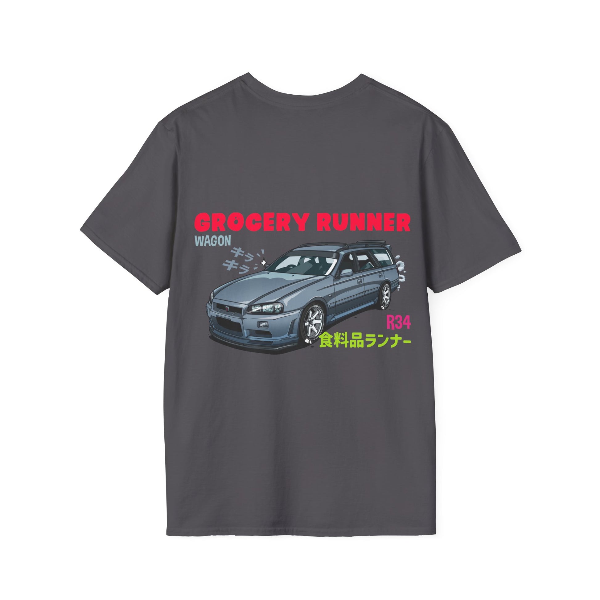 Dark gray Grocery Runner T-Shirt featuring a detailed graphic of a blue Nissan R34 wagon with bold red and neon green text, inspired by Japanese car and tuner culture.