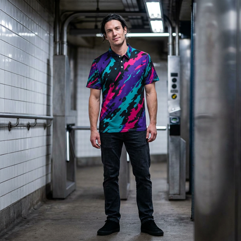 The Splat performance polo with 90s JDM oil splash motorsport graphics in teal, magenta, and purple by Tokyo Auto Tribe