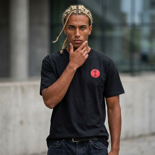 Midnight Crossing tee with Shibuya-inspired Tokyo cityscape, rising sun, and cherry blossom graphics by Tokyo Auto Tribe