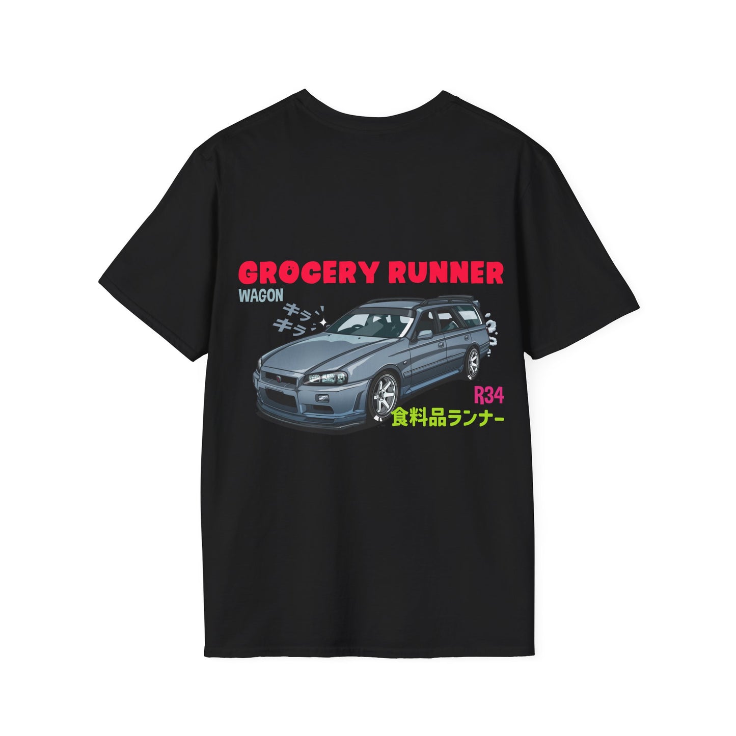 Black Grocery Runner T-Shirt featuring a detailed graphic of a silver R34 wagon car with bold red and green text and Japanese characters, inspired by Japanese car culture and tuner lifestyle.