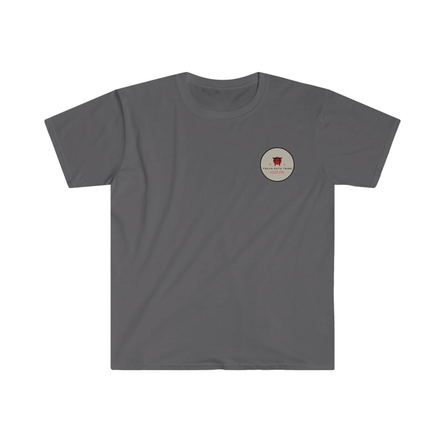 Gray short-sleeve graphic tee featuring a small circular emblem with red and beige tones, designed for fans of Touge Legends (more colors) and Japanese car culture.