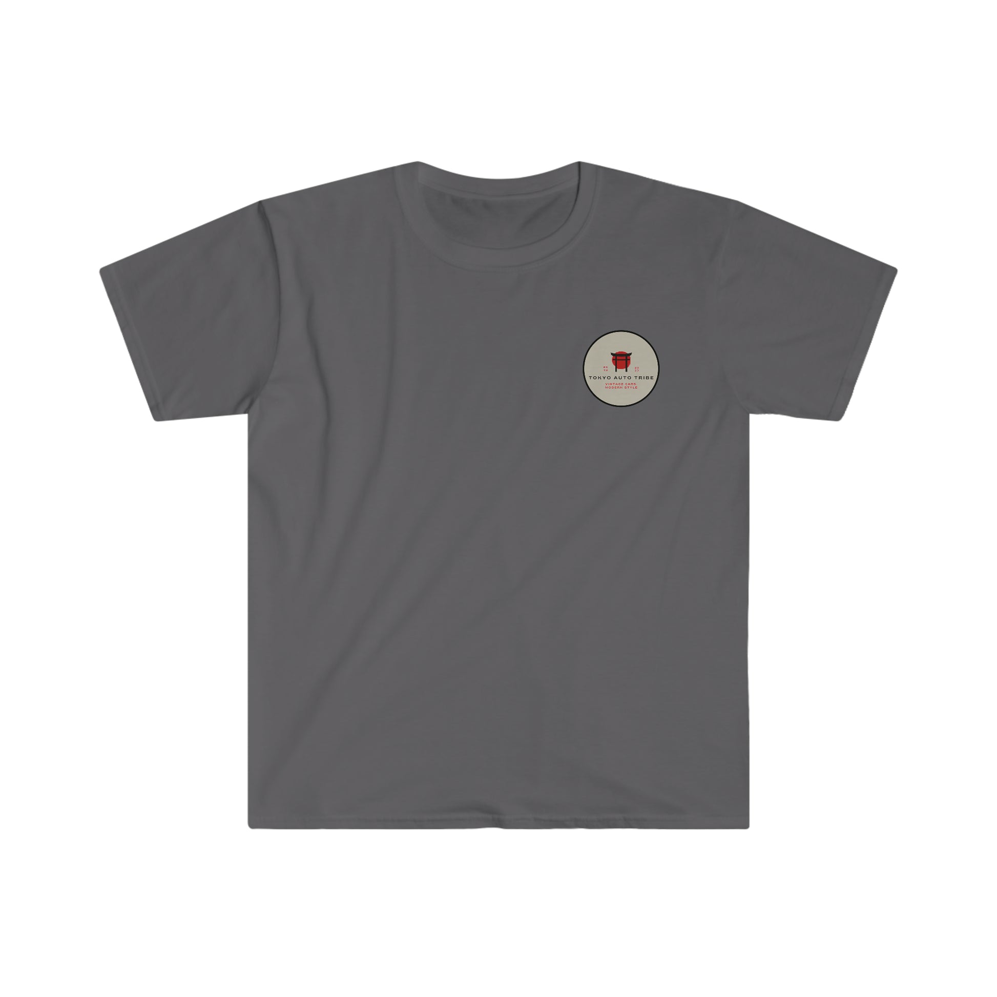 Gray short-sleeve graphic tee featuring a small circular emblem with red and beige tones, designed for fans of Touge Legends (more colors) and Japanese car culture.