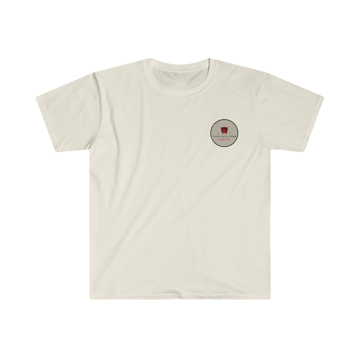 Cream-colored Touge Legends (more colors) t-shirt featuring a small circular graphic with a red emblem and Japanese-inspired text, designed for car enthusiasts celebrating Japanese tuner culture and late-night drives.