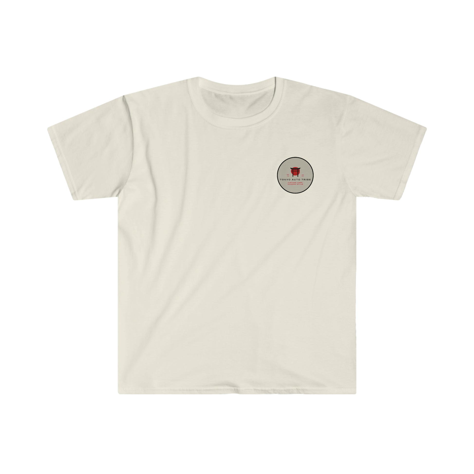 Cream-colored Touge Legends (more colors) t-shirt featuring a small circular graphic with a red emblem and Japanese-inspired text, designed for car enthusiasts celebrating Japanese tuner culture and late-night drives.