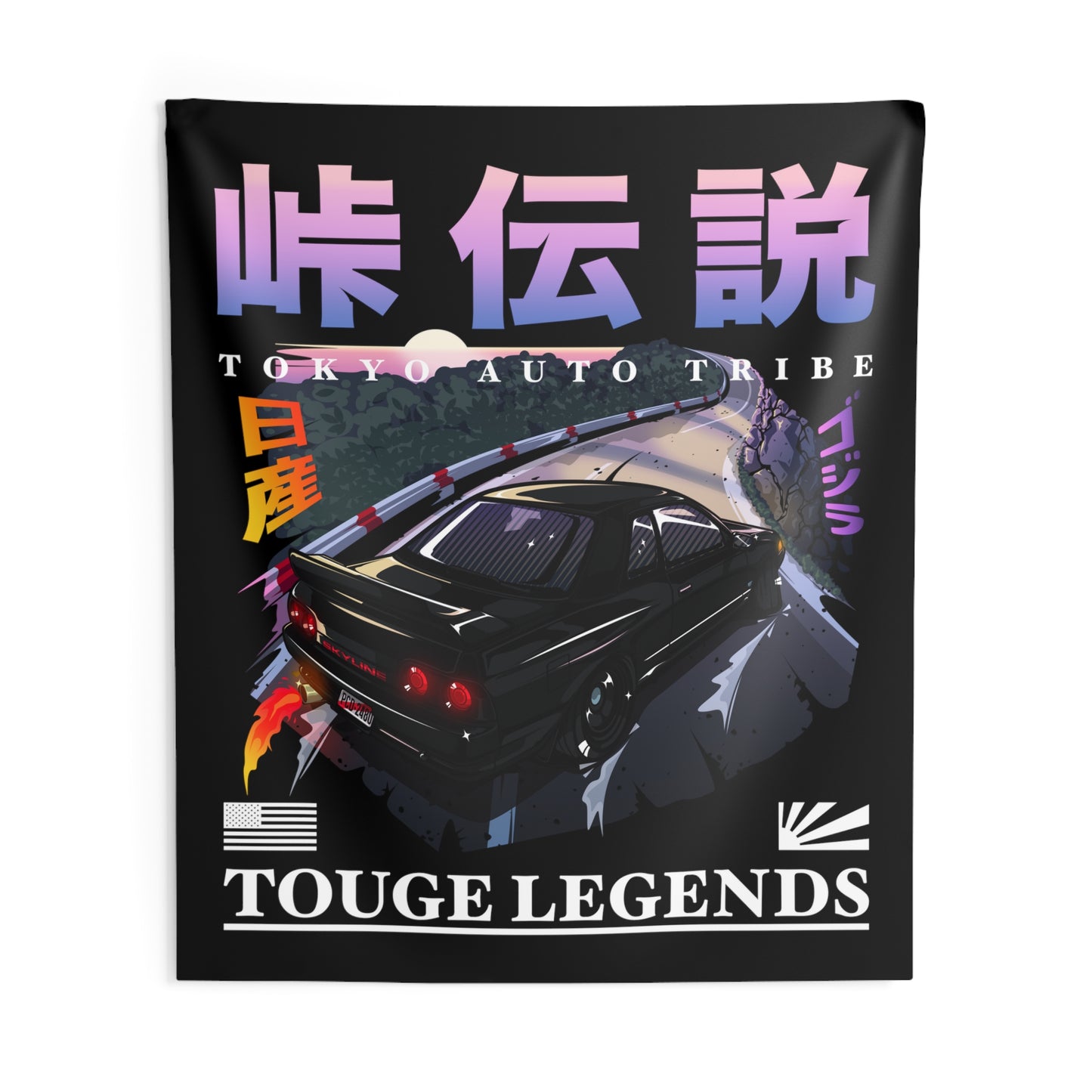 Touge Legends" Tapestry featuring a black sports car drifting on a winding mountain pass, with vibrant Japanese text and retro racing graphics capturing the spirit of late-night touge drives.