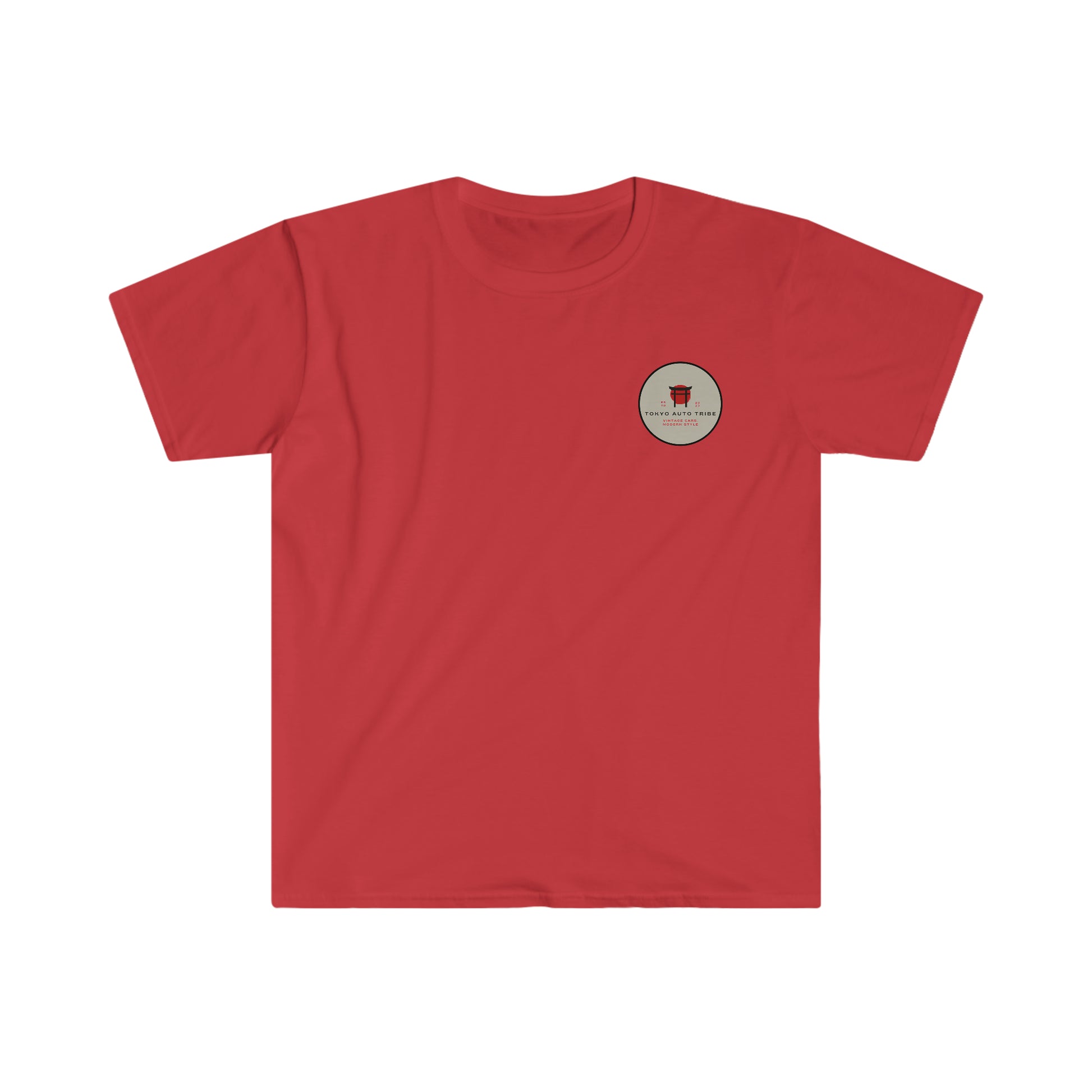 Red graphic tee with small circular emblem on the chest featuring Japanese car culture-inspired design, part of the Touge Legends (more colors) collection for car enthusiasts.