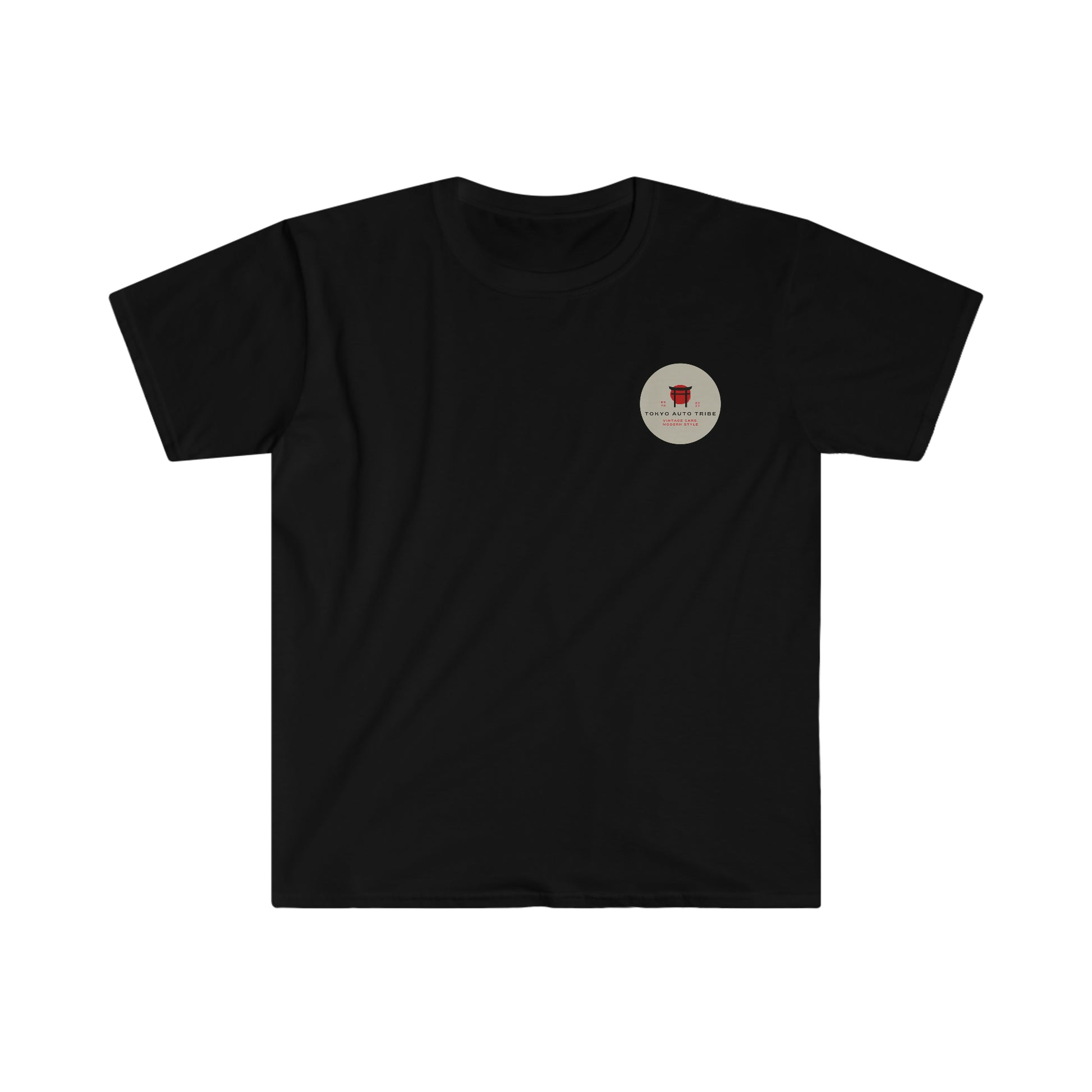 Black graphic tee featuring a small circular emblem with a red design on the chest, designed for Touge Legends (more colors), inspired by Japanese car culture and late-night drives.