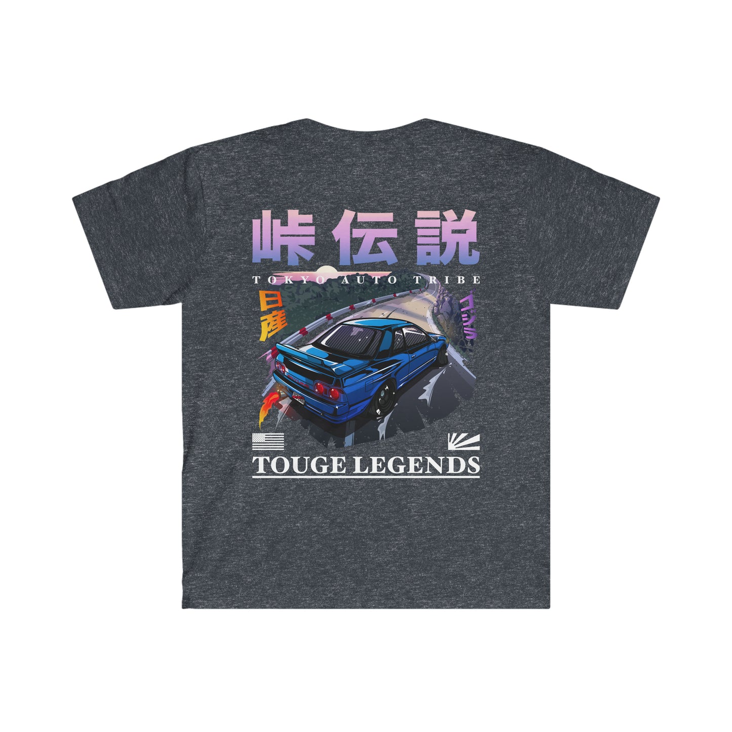 Dark gray Touge Legends (more colors) graphic tee featuring a blue JDM car drifting on a mountain road, with Japanese kanji and vibrant retro racing-inspired artwork.