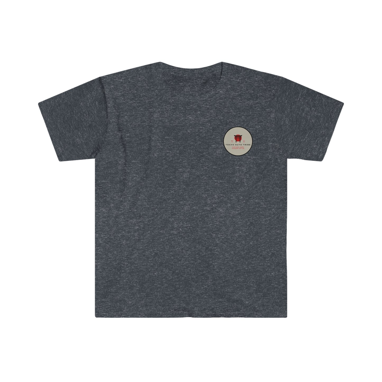 Dark gray graphic tee featuring a small circular emblem with red and beige tones, part of the Touge Legends (more colors) collection inspired by Japanese car culture and late-night drives.