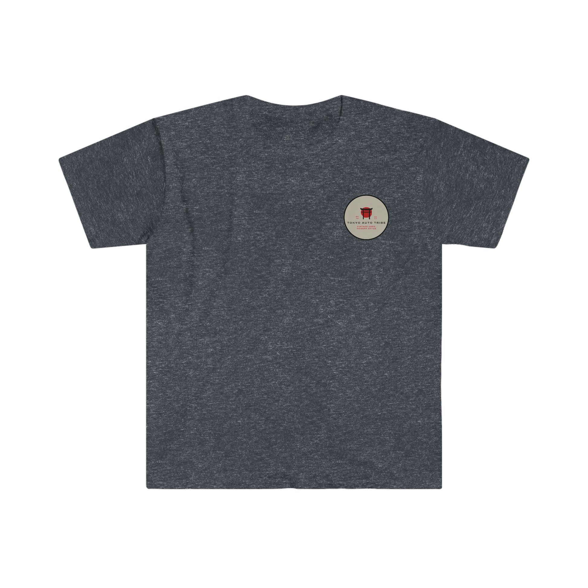 Dark gray graphic tee featuring a small circular emblem with red and beige tones, part of the Touge Legends (more colors) collection inspired by Japanese car culture and late-night drives.