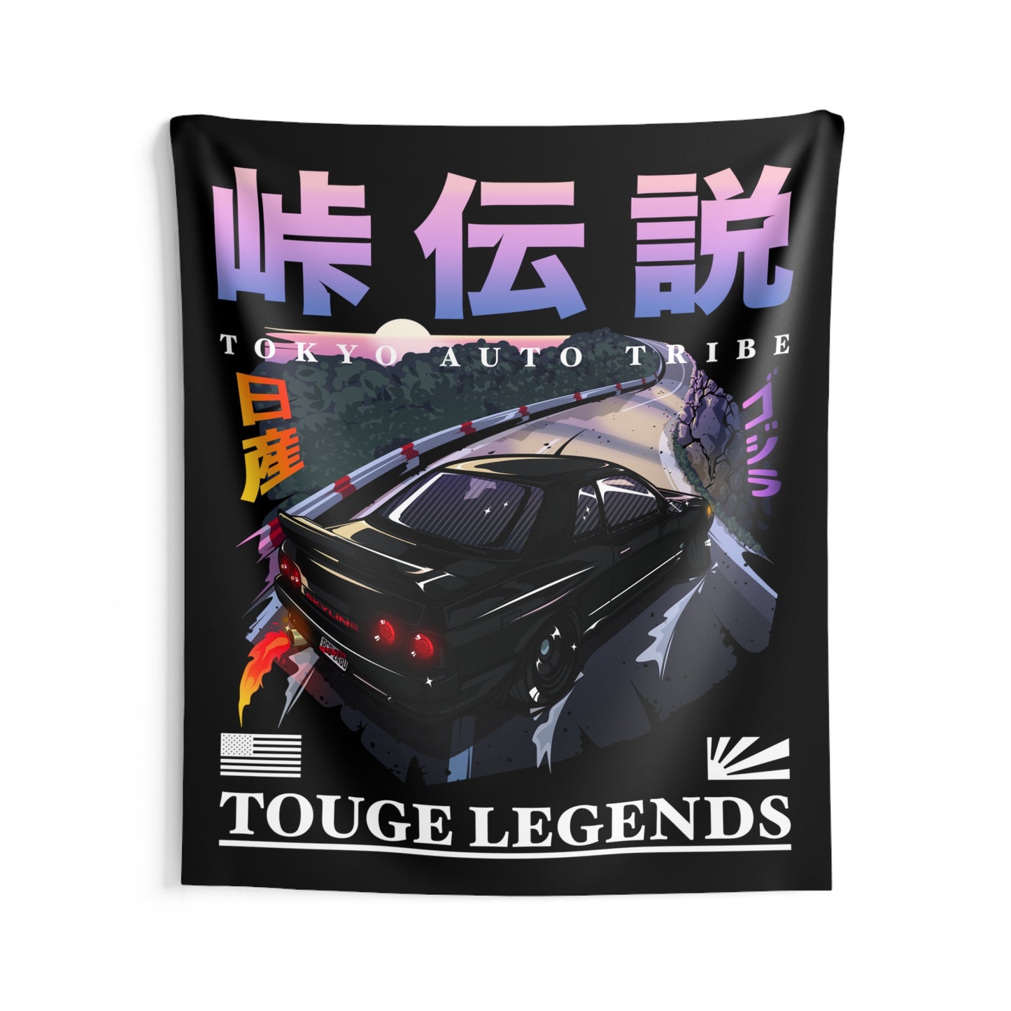 Touge Legends" Tapestry featuring a black sports car drifting on a glowing mountain pass road with Japanese kanji and vibrant neon colors, capturing late-night Japanese car culture.