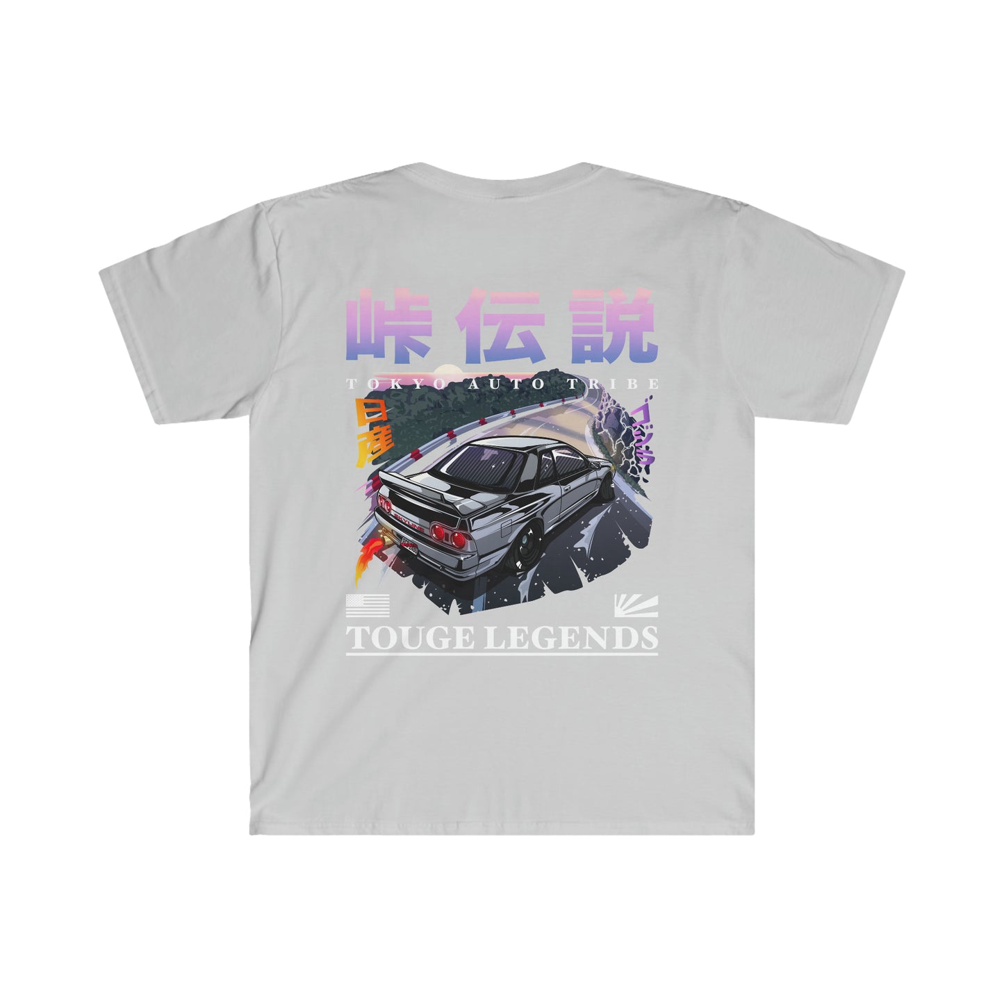 Gray tee featuring a vibrant illustration of a classic Japanese sports car drifting on a touge mountain road, with bold "Touge Legends (more colors)" text and Japanese characters.