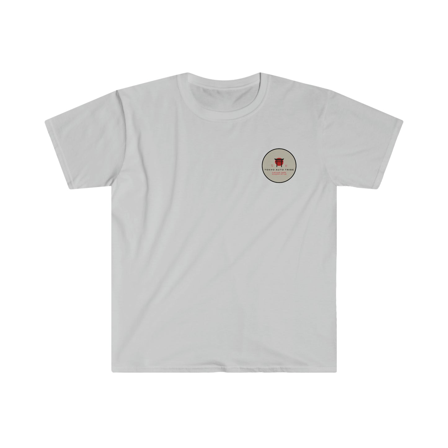 White graphic tee featuring a small circular design with red and beige tones, inspired by Japanese car culture and drift scenes, titled Touge Legends (more colors).