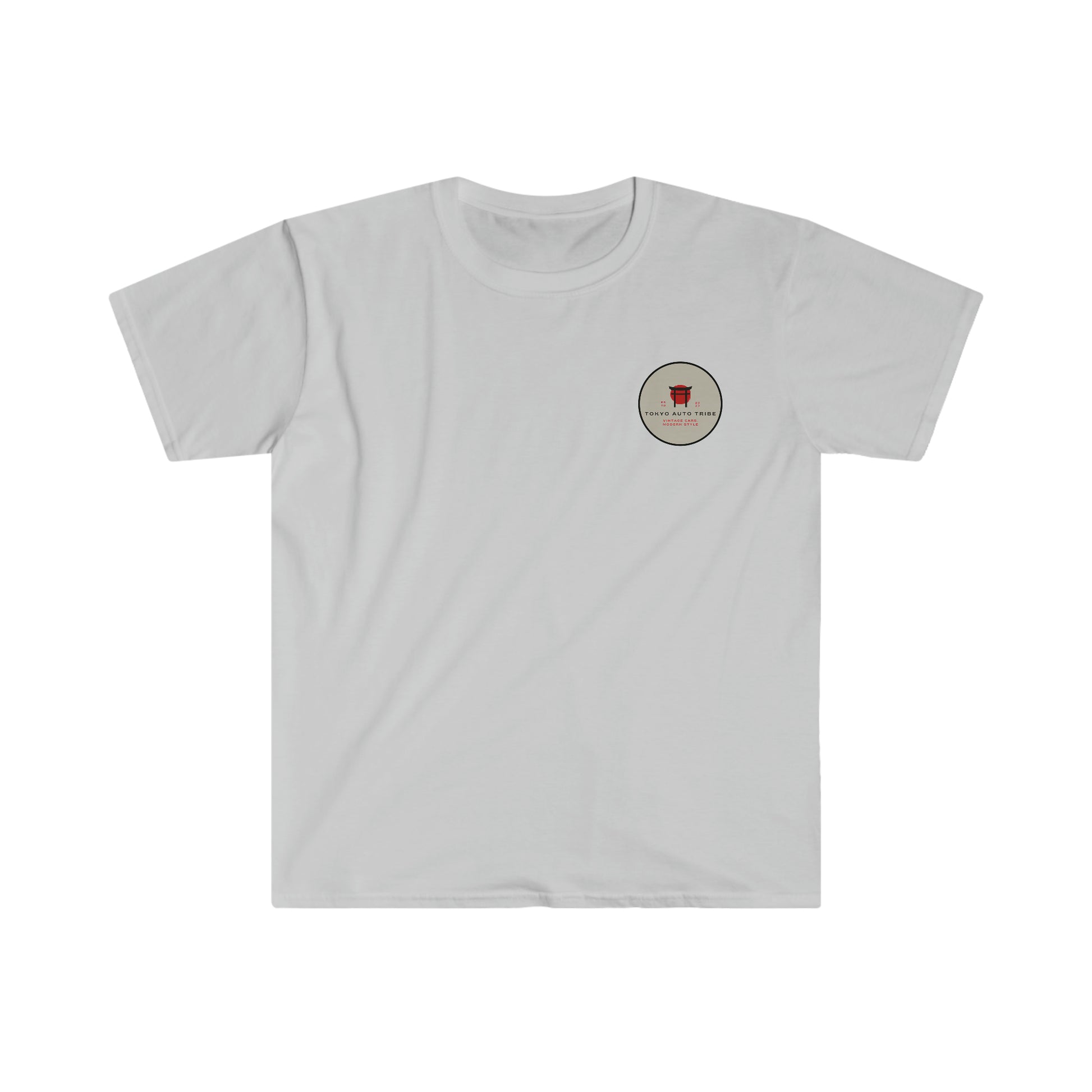 White graphic tee featuring a small circular design with red and beige tones, inspired by Japanese car culture and drift scenes, titled Touge Legends (more colors).