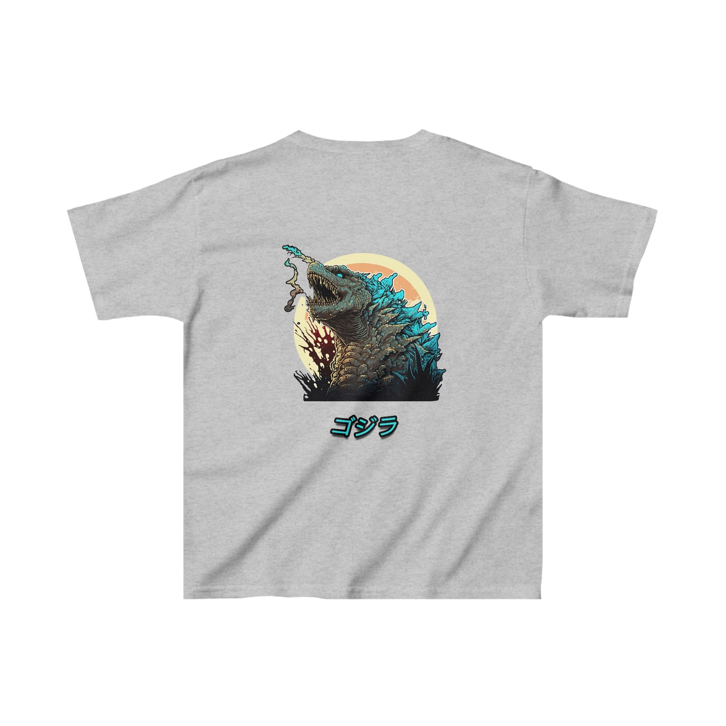 Kids Godzilla Fury T-Shirt featuring a bold graphic of Godzilla roaring against a sunset background, blending vintage Japanese monster art with streetwear style.