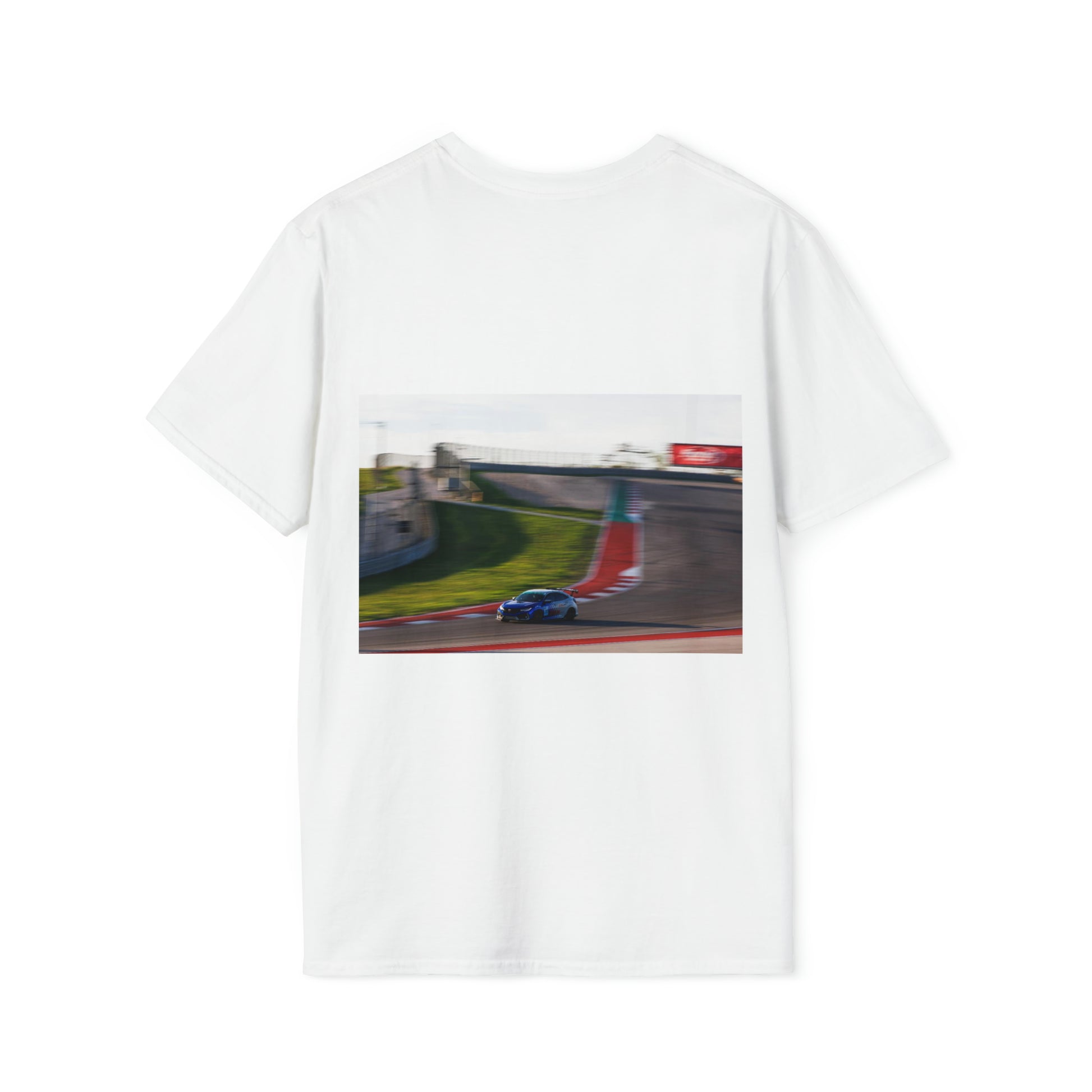 Unisex Softstyle T-Shirt featuring a dynamic automotive graphic of a blue race car navigating a curving racetrack, capturing the thrill of Japanese car culture and late-night drives.
