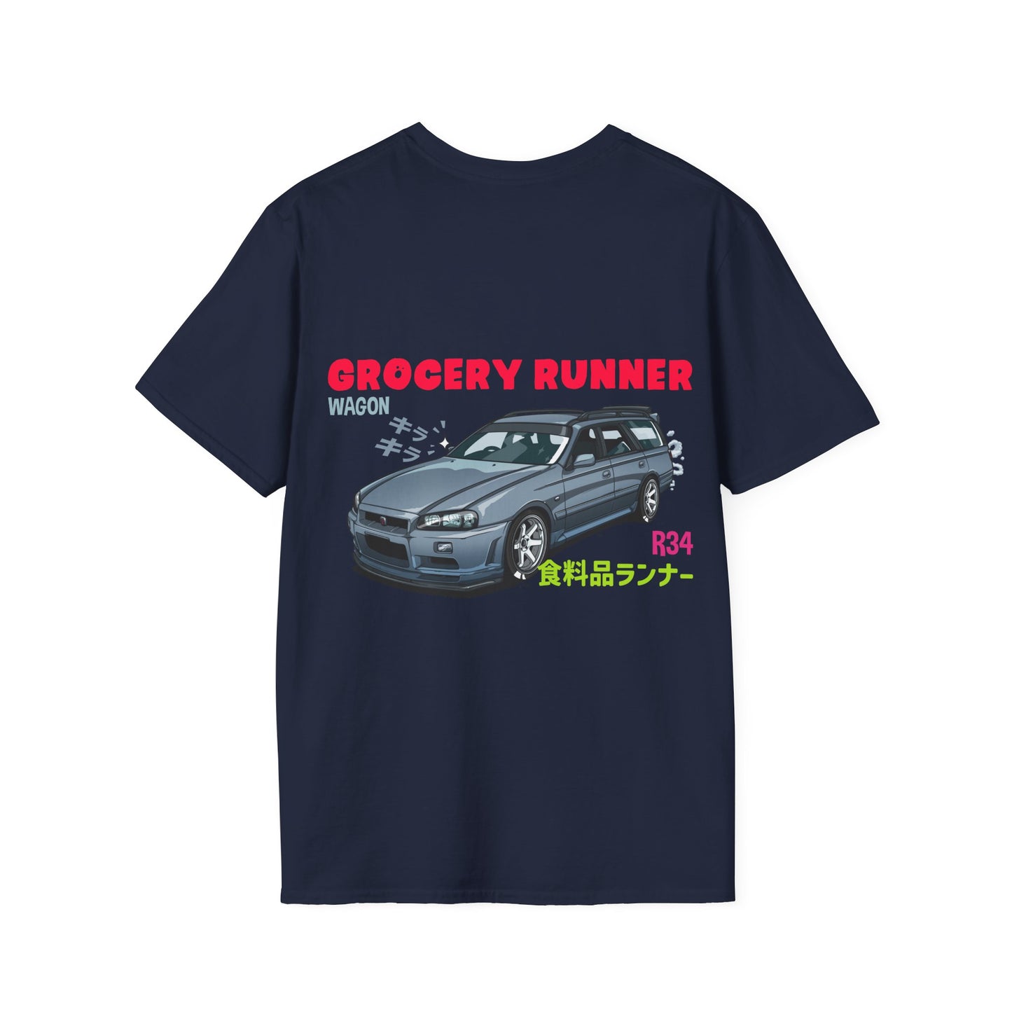 Navy Grocery Runner T-Shirt featuring a detailed graphic of a classic R34 wagon with bold red and green text celebrating Japanese car culture and late-night drives.