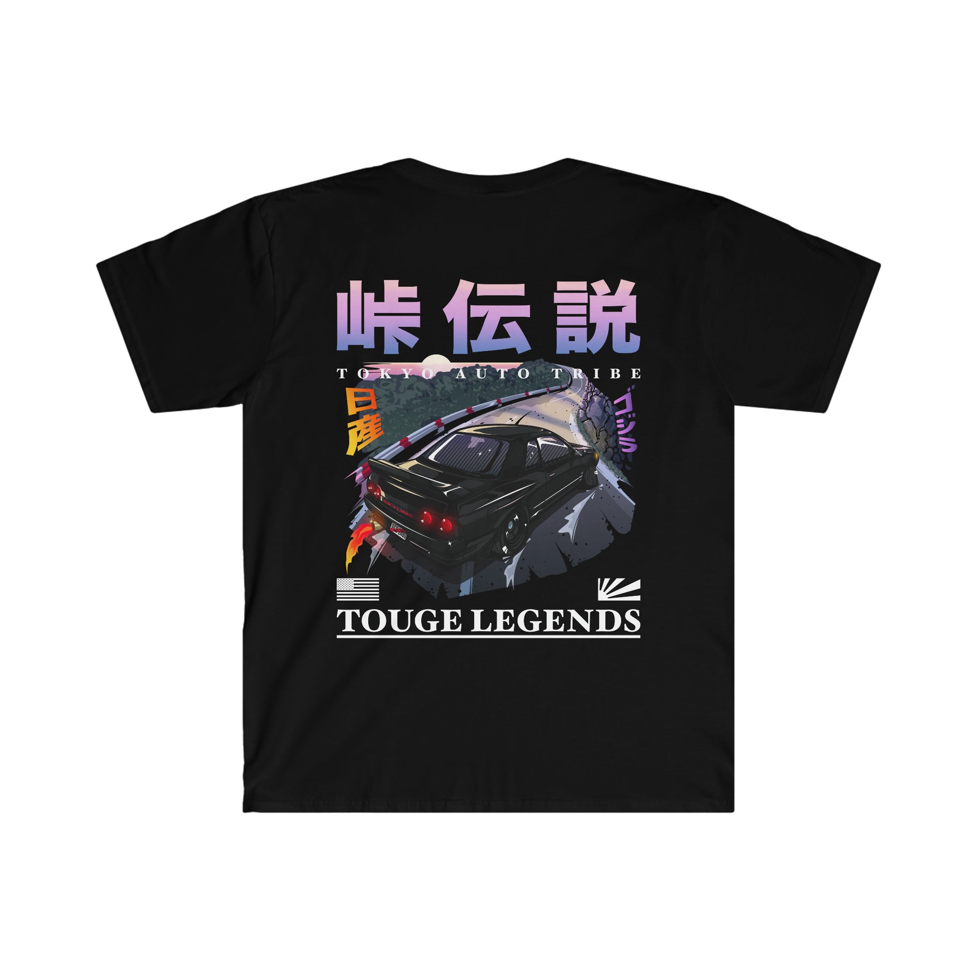 Black graphic tee featuring a rear view of a black Nissan drifting on a mountain touge road with Japanese characters and the text Touge Legends Black on Black, capturing vintage JDM streetwear spirit.