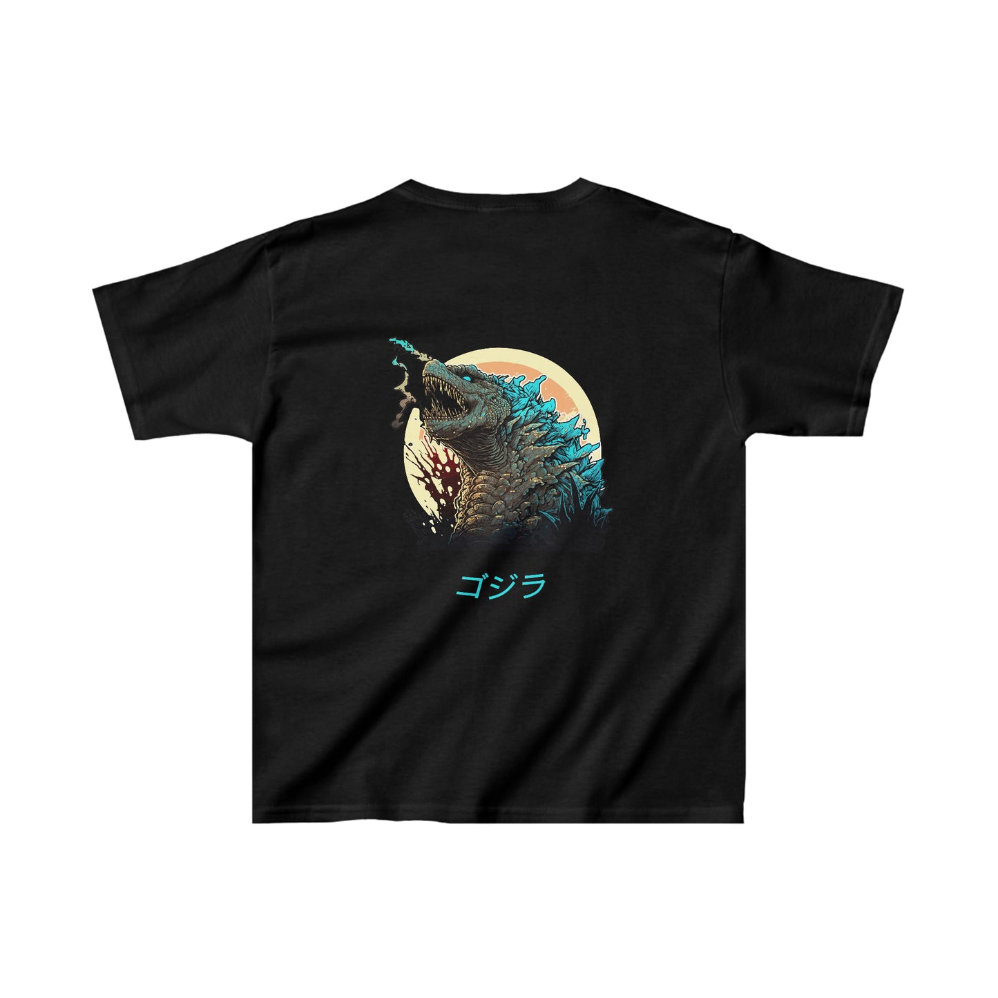 Black Kids Godzilla Fury T-Shirt featuring a detailed graphic of Godzilla roaring with blue and beige accents, capturing a dynamic and fierce Japanese monster design.