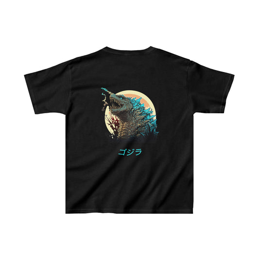 Black Kids Godzilla Fury T-Shirt featuring a detailed graphic of Godzilla roaring with blue and beige accents, capturing a dynamic and fierce Japanese monster design.