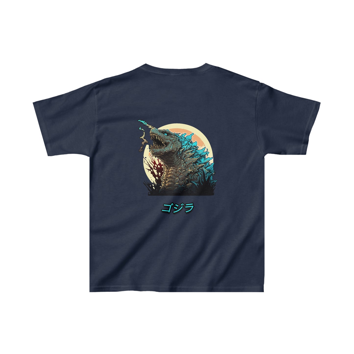 Navy Kids Godzilla Fury T-Shirt featuring a dynamic graphic of Godzilla roaring against a sunset, inspired by vintage Japanese monster and car culture themes.