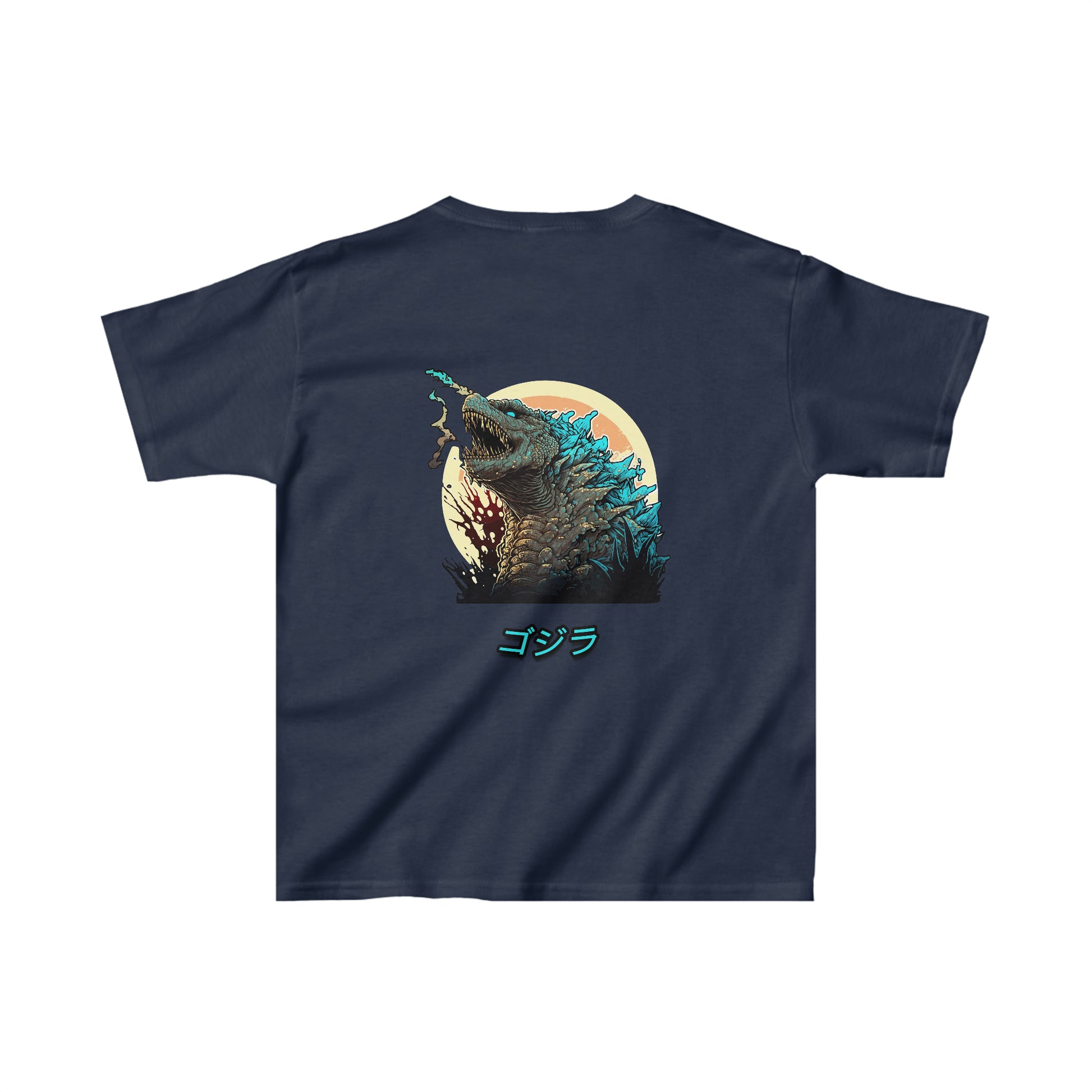 Navy Kids Godzilla Fury T-Shirt featuring a dynamic graphic of Godzilla roaring against a sunset, inspired by vintage Japanese monster and car culture themes.