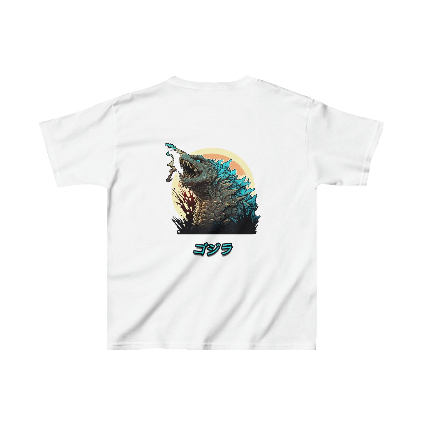 White Kids Godzilla Fury T-Shirt featuring a graphic of Godzilla roaring with blue dorsal fins and a stylized sun background, embodying Japanese car culture and tuner streetwear.