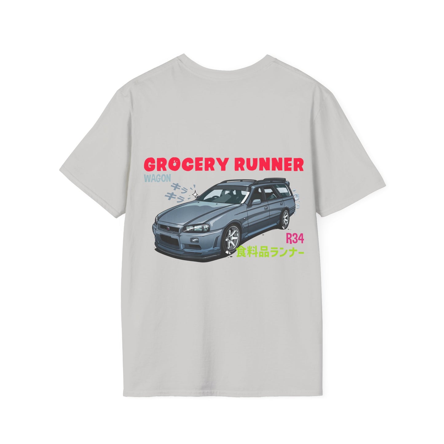 Grocery Runner T-Shirt featuring a graphic of a blue R34 wagon with Japanese text and bold red and blue lettering, capturing JDM car culture and vintage tuning vibes.