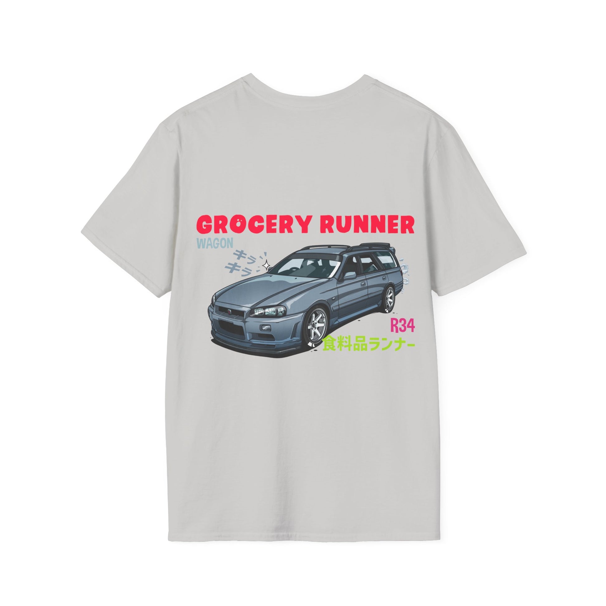 Grocery Runner T-Shirt featuring a graphic of a blue R34 wagon with Japanese text and bold red and blue lettering, capturing JDM car culture and vintage tuning vibes.
