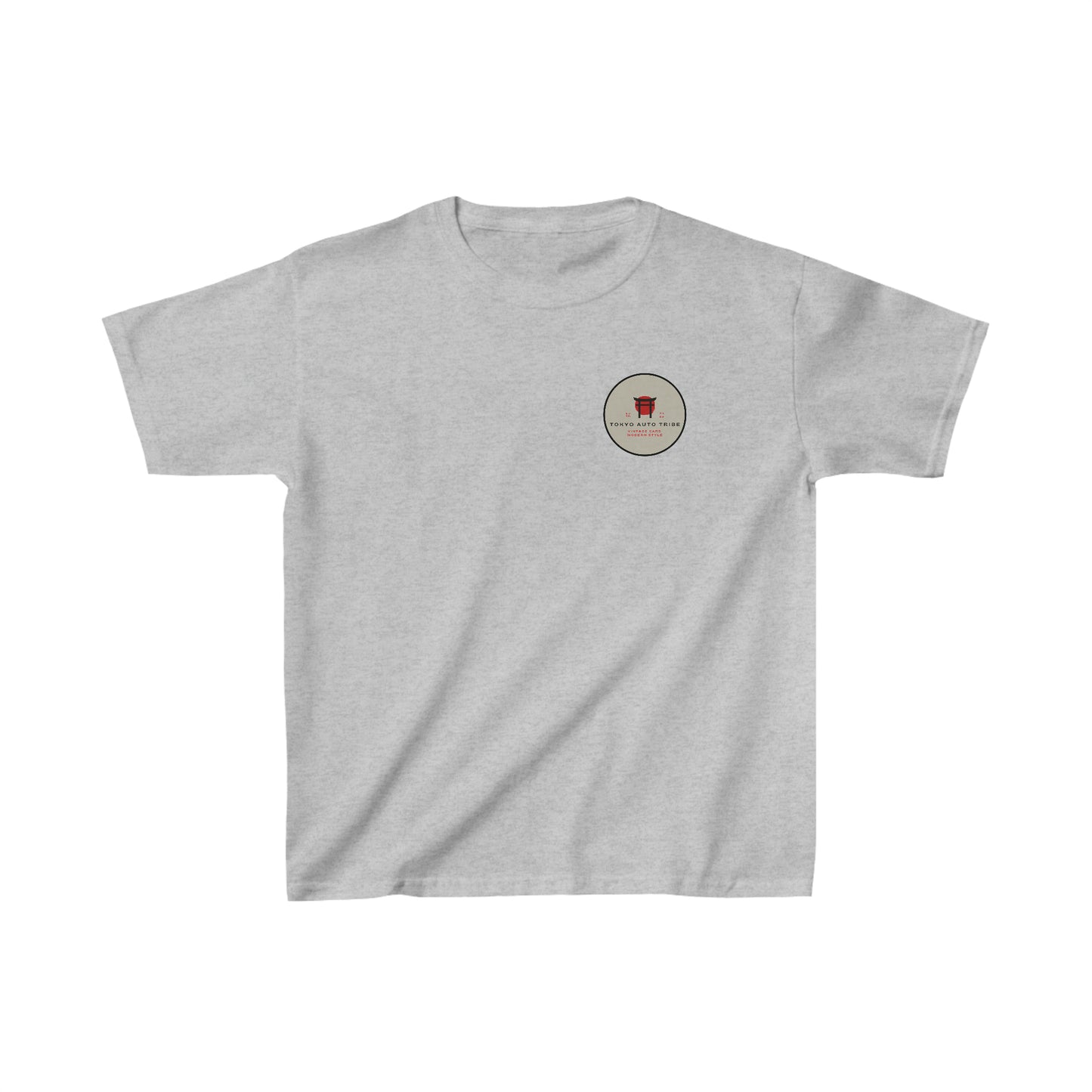 Light gray Kids Godzilla Fury T-Shirt featuring a small red and black Tokyo Auto Tribe logo on the chest, inspired by Japanese car culture and tuner streetwear.