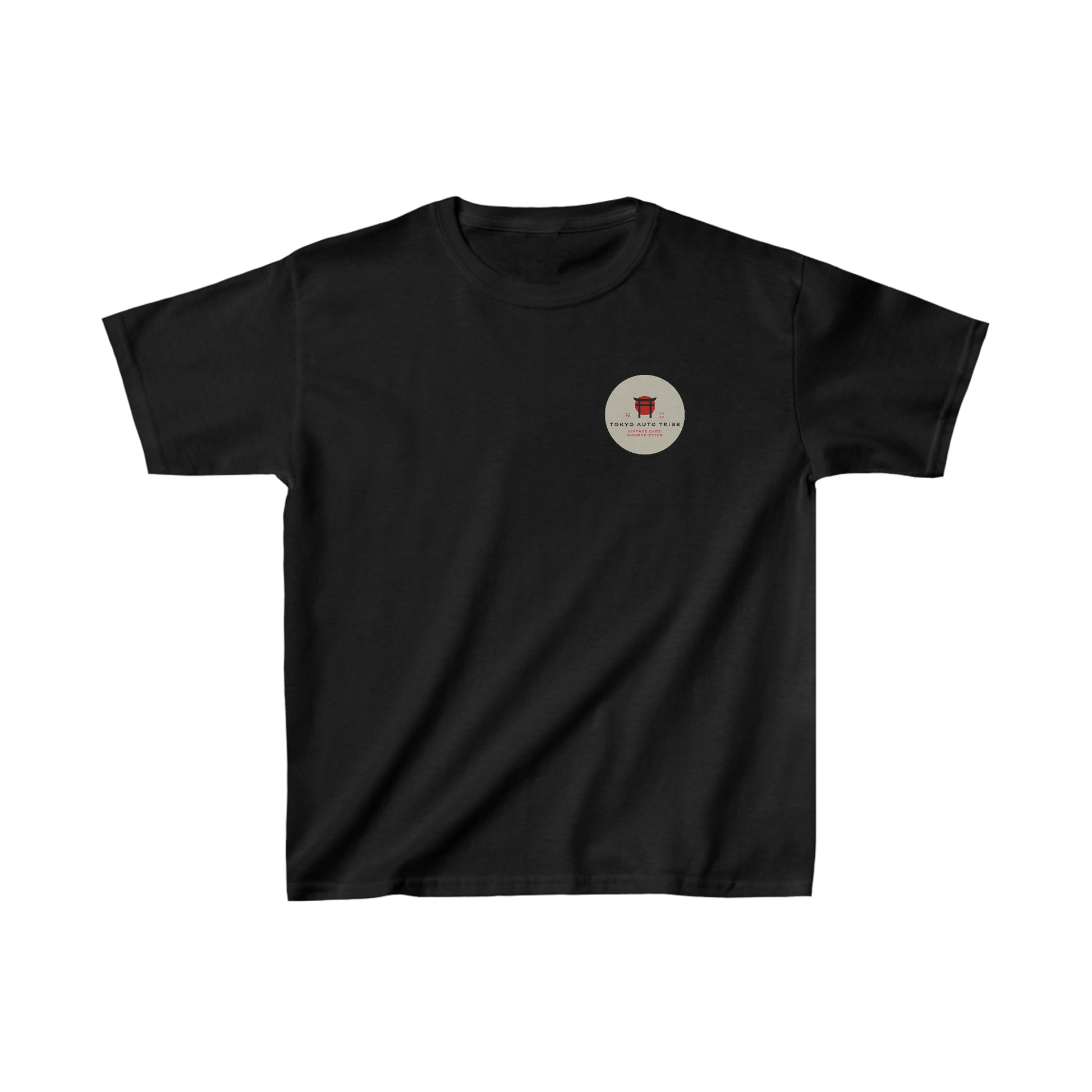 Black Kids Godzilla Fury T-Shirt featuring a small red and cream circular graphic on the chest, inspired by Japanese car culture and tuner streetwear style.