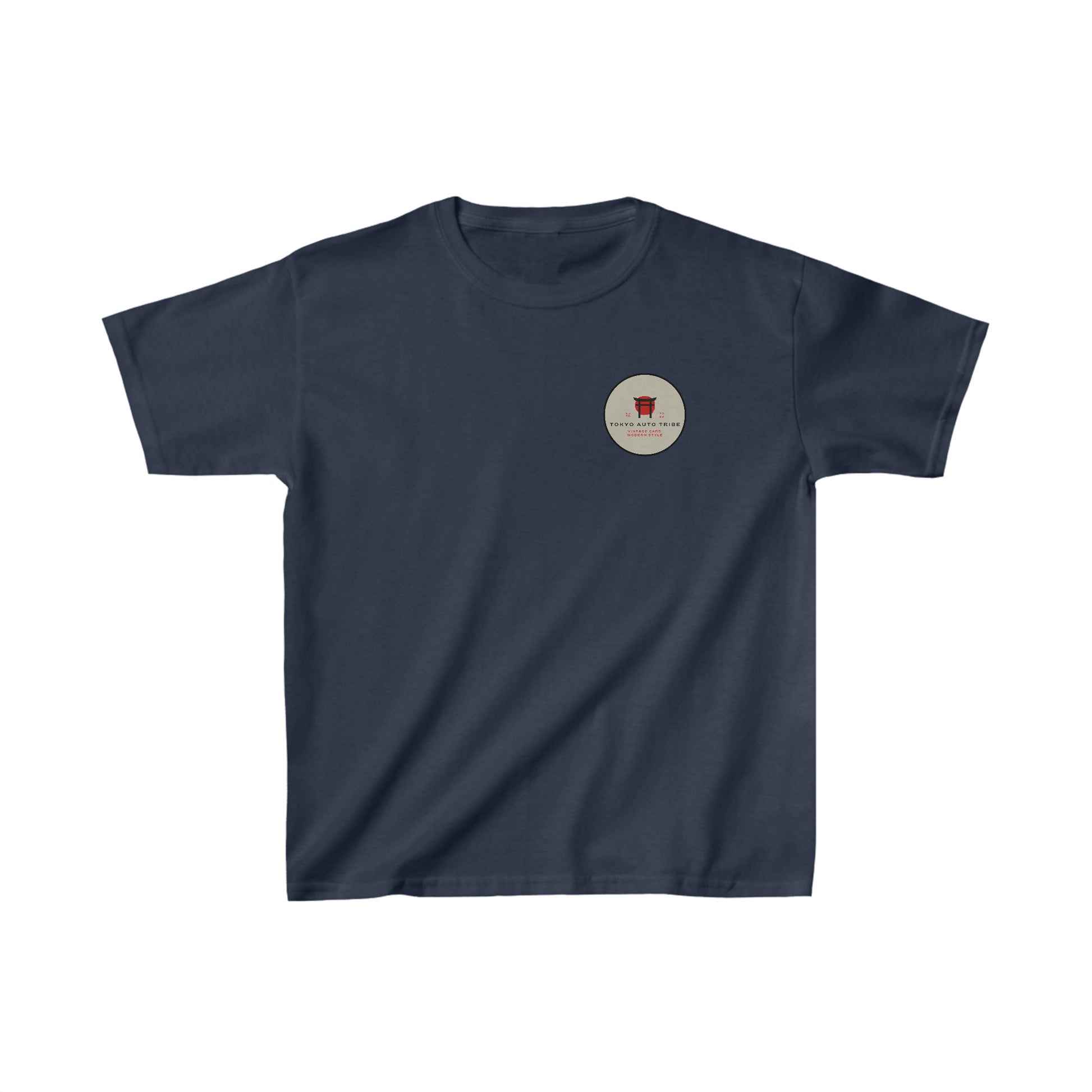 Kids Godzilla Fury T-Shirt in dark navy with a small round red and white graphic on the chest, inspired by Japanese car culture and tuner streetwear style.