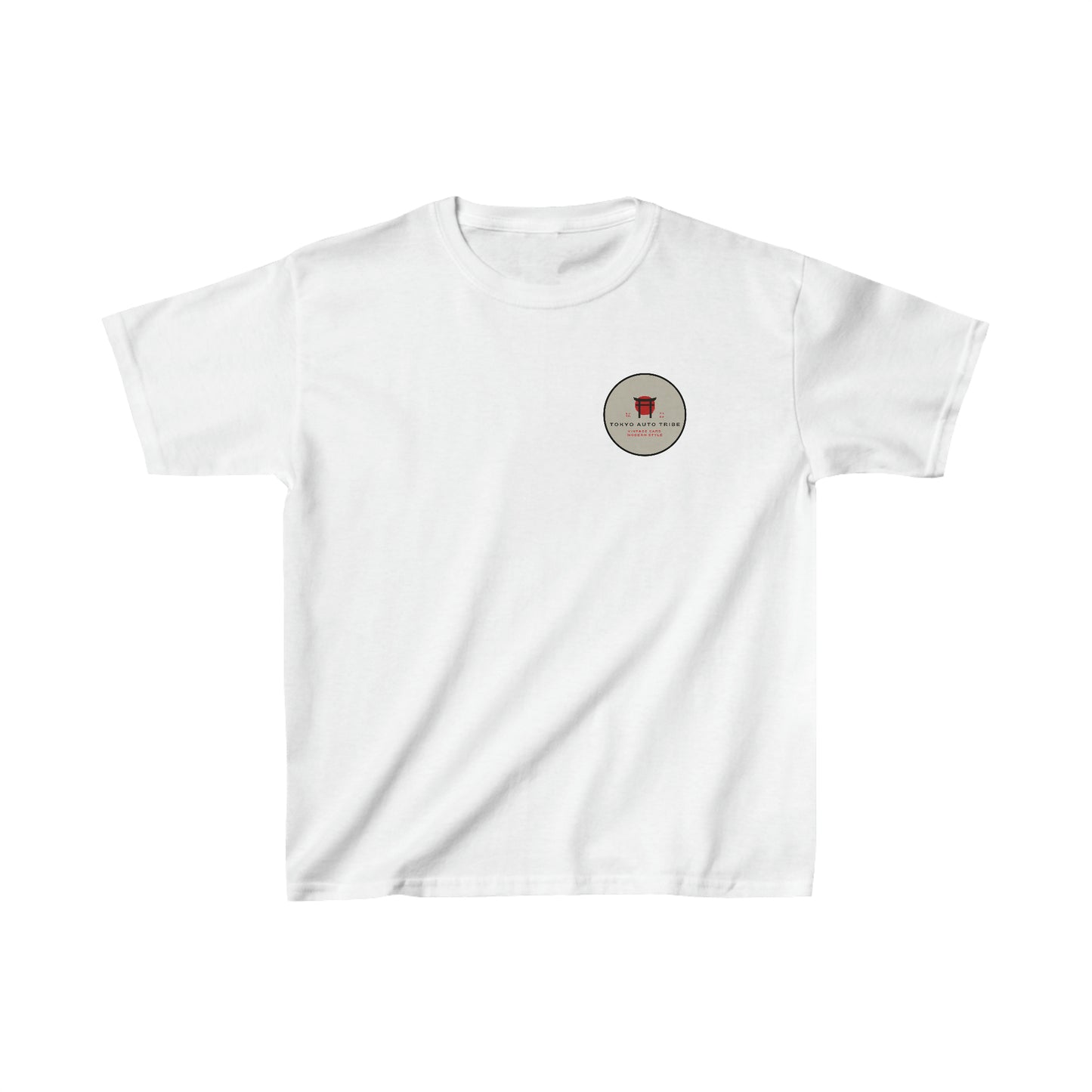White Kids Godzilla Fury T-Shirt featuring a small circular graphic on the chest with a red Godzilla silhouette and text, embodying Tokyo Auto Tribe’s Japanese car culture vibe.