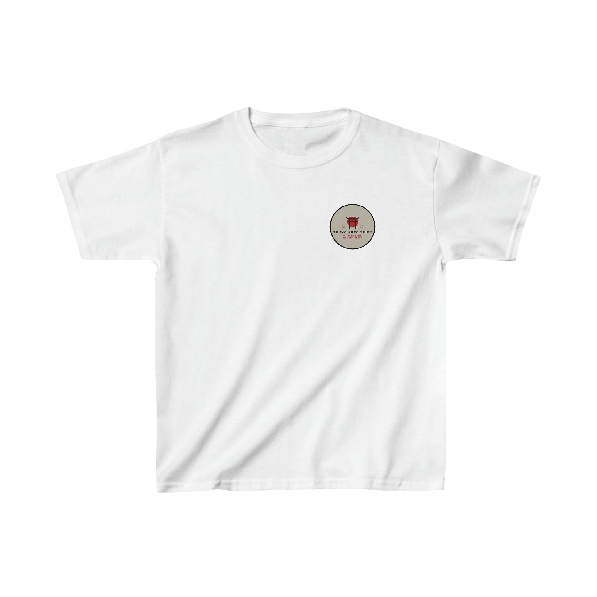 White Kids Godzilla Fury T-Shirt featuring a small circular graphic on the chest with a red Godzilla silhouette and text, embodying Tokyo Auto Tribe’s Japanese car culture vibe.